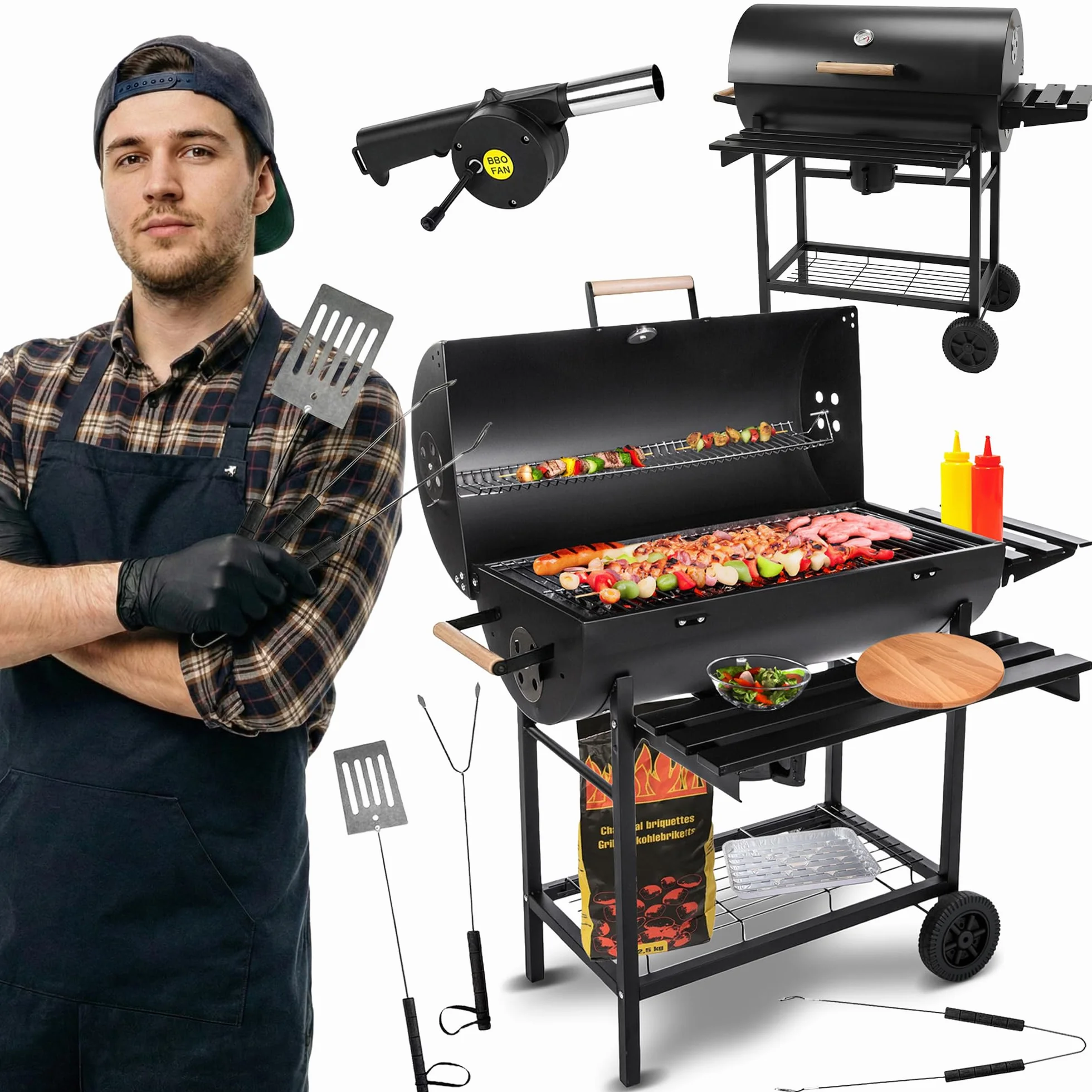 Grill & Chill Barbecue a Carbone 71×35 cm Coperchio con Termometro Acciaio Nero