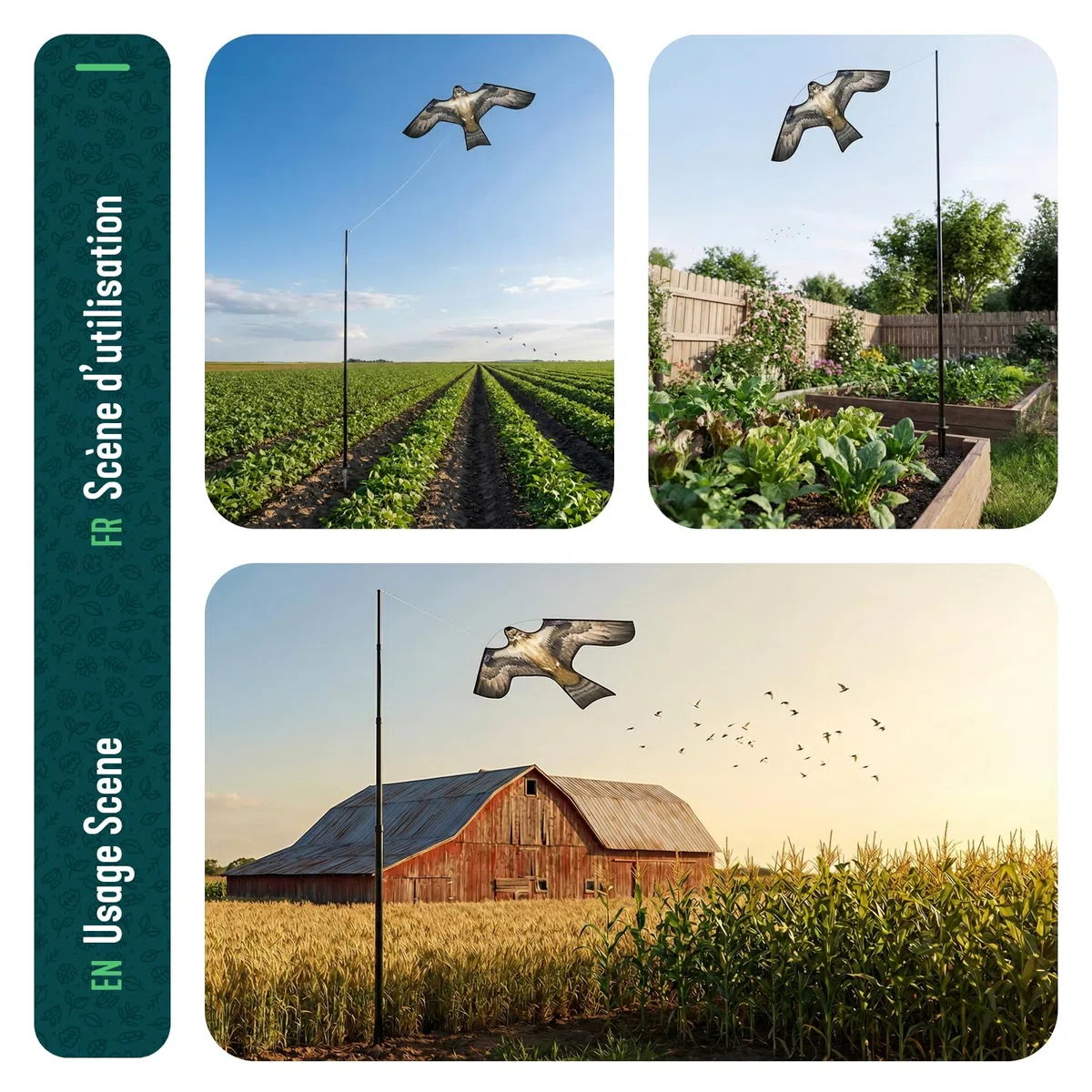 VOUNOT® Spaventapasseri Uccelli con Aquilone Falco Realistico, Dissuasore Uccelli da Esterno con Asta Telescopica 4 m e 2 Aquiloni Intercambiabili, per Giardino, Orto e Fattoria, Modello E&G