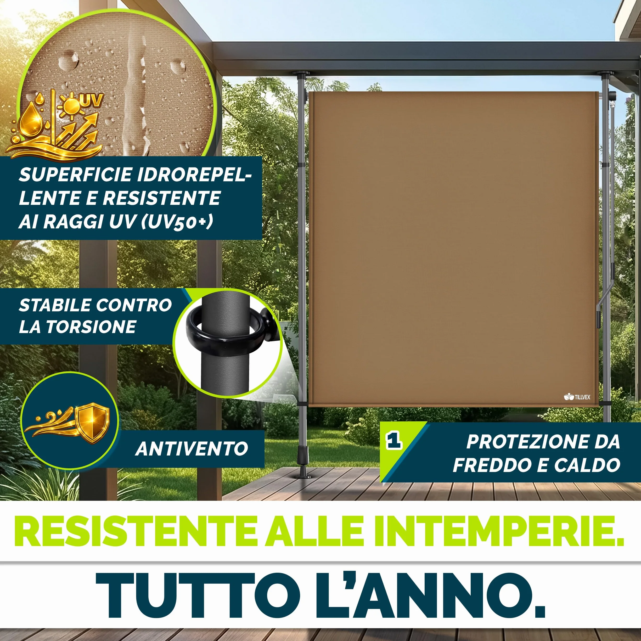 Tillvex Tenda da sole verticale per esterni 200 x 310 cm Taupe con manovella frangivista estraibile opaca balcone terrazza resistente intemperie