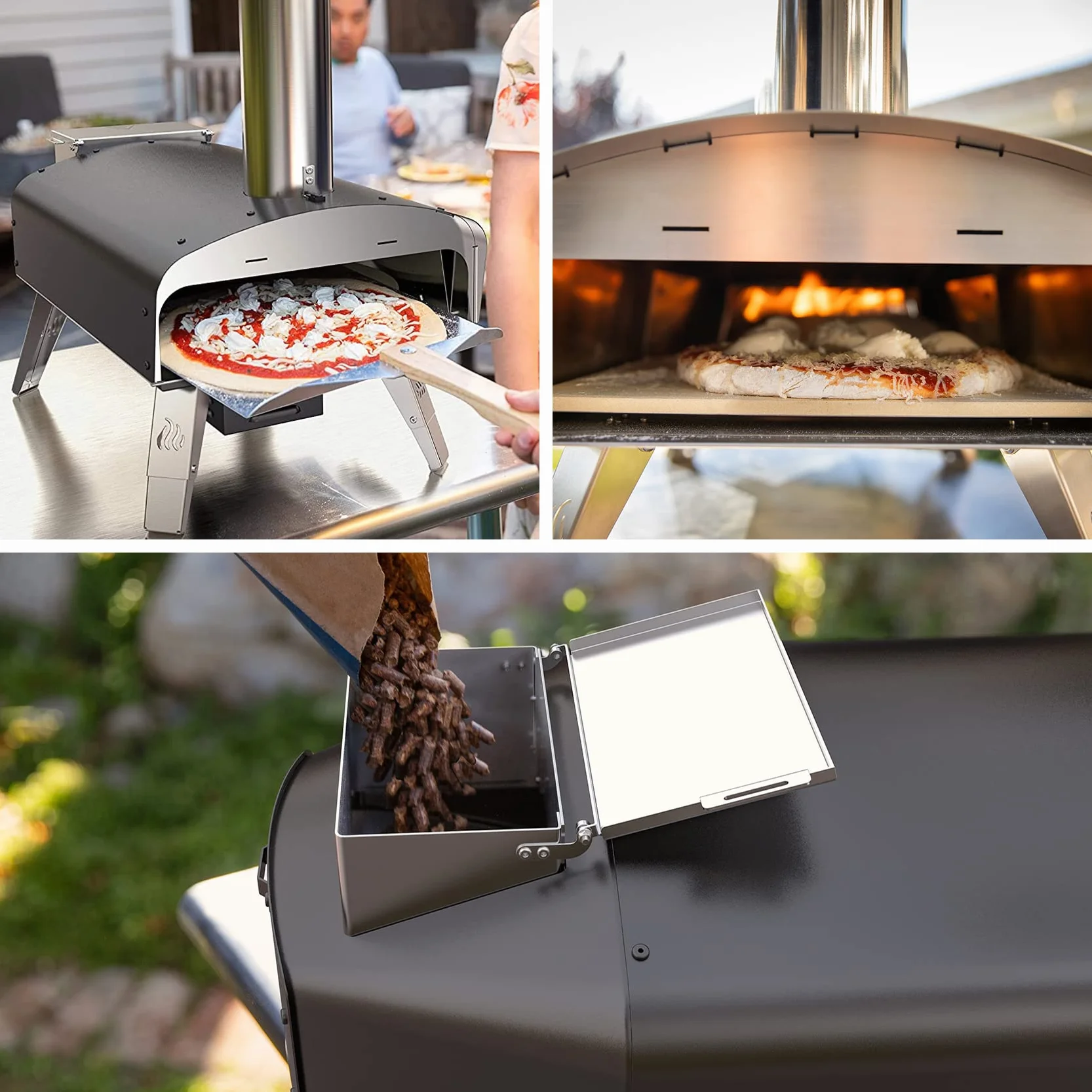Mimiuo Forno per Pizza a Pellet con Pala e Pietra, Sistema Grill Rotante Automatico, Nero