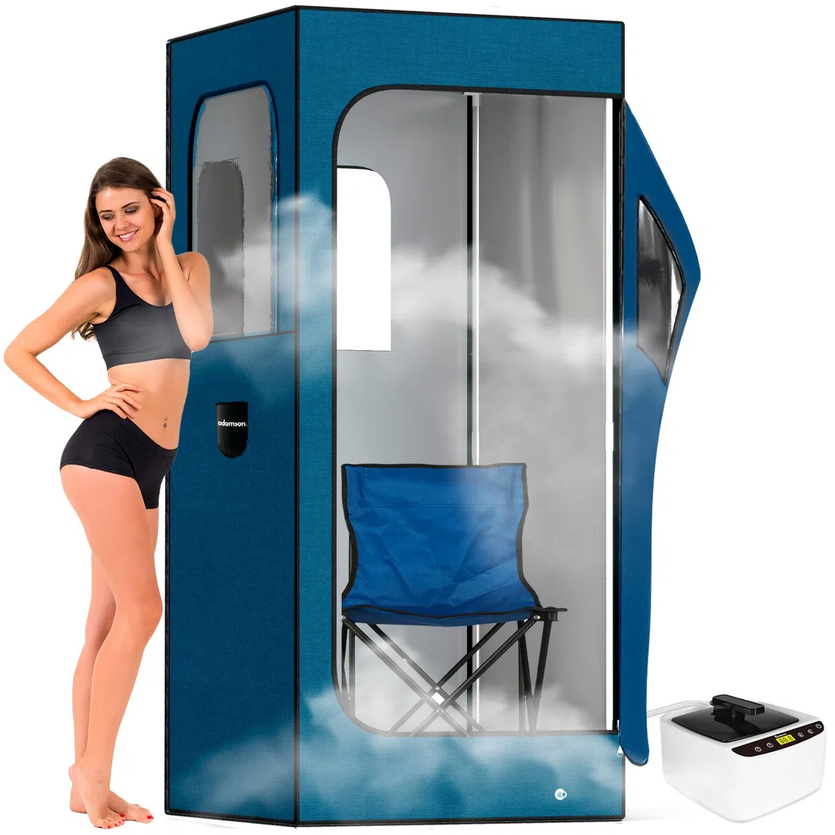 Adamson Sauna Portatile a Vapore 1000W 2.6L Vasca Sauna da Casa Sedia Telecomando Massaggiatore Pedale Tappettino Antiscivolo Blu