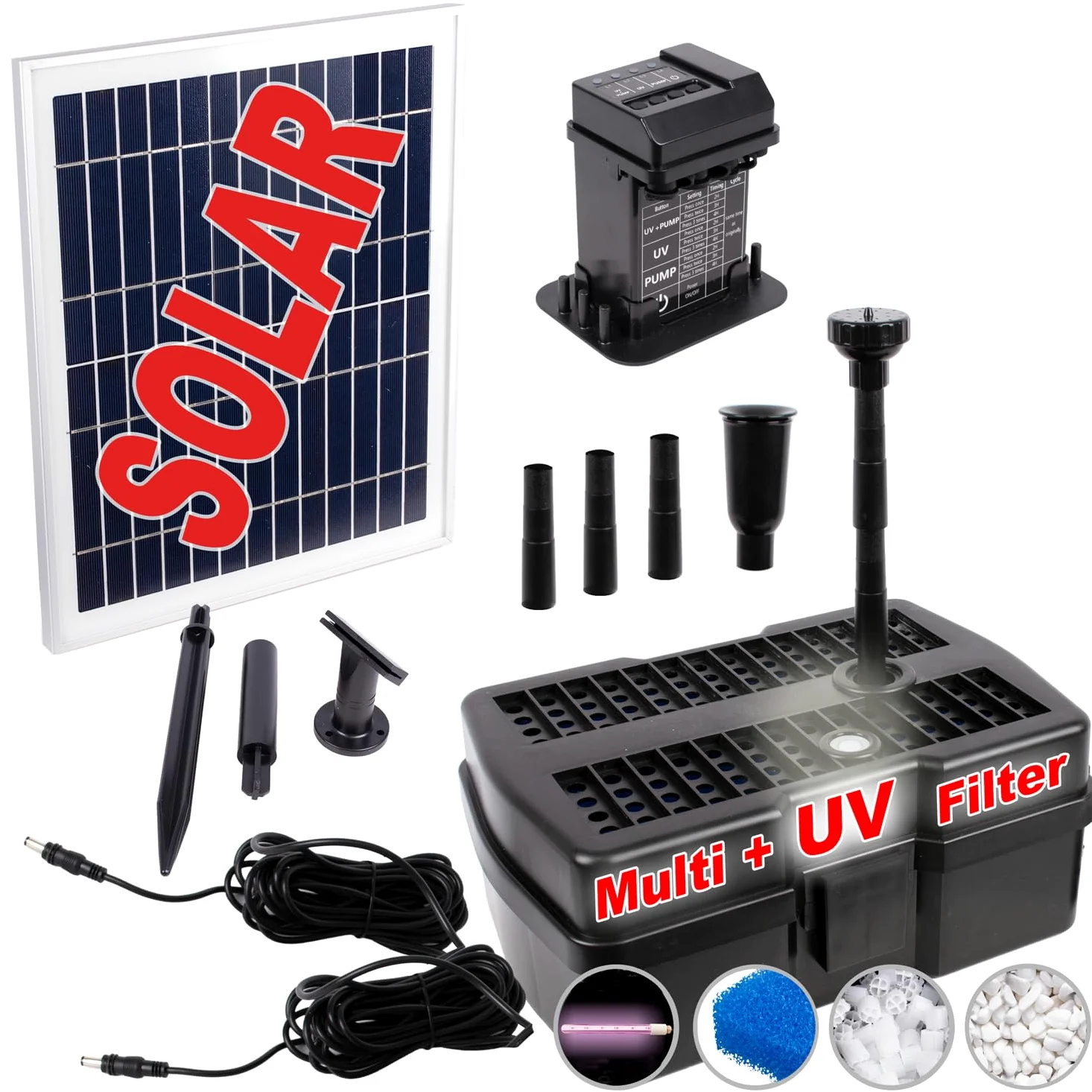 Innovativo filtro solare per laghetto, pompa solare per laghetto, fontana a energia solare, per laghetto da giardino, pannello solare in robusto telaio in alluminio (Solar Aqua-Vital 12-UV-C)