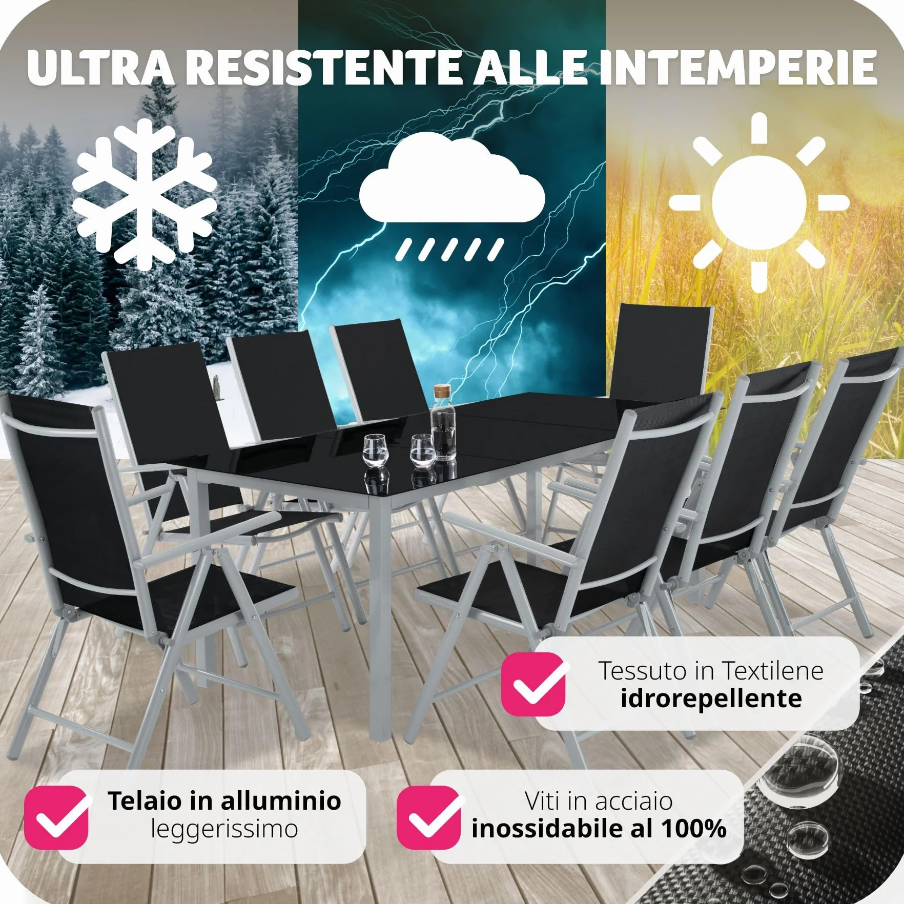 Tectake Set mobili da giardino tavolo massiccio con lastra di vetro di sicurezza telaio alluminio 8 sedie confortevoli grigio chiaro