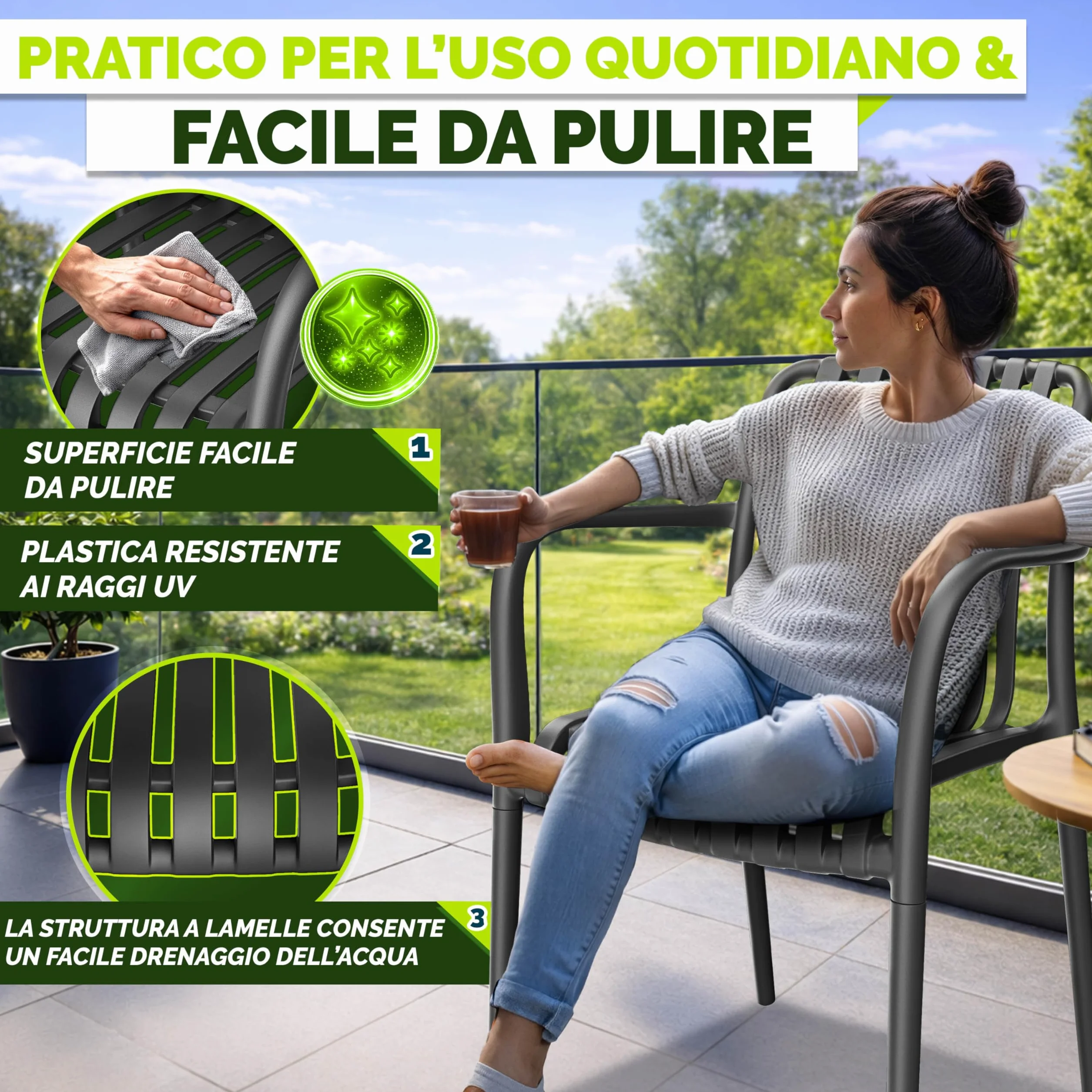 Tillvex Set di 4 Sedie da Giardino Impilabili Resistenti alle Intemperie 120 kg per Esterni Terrazzo Balcone