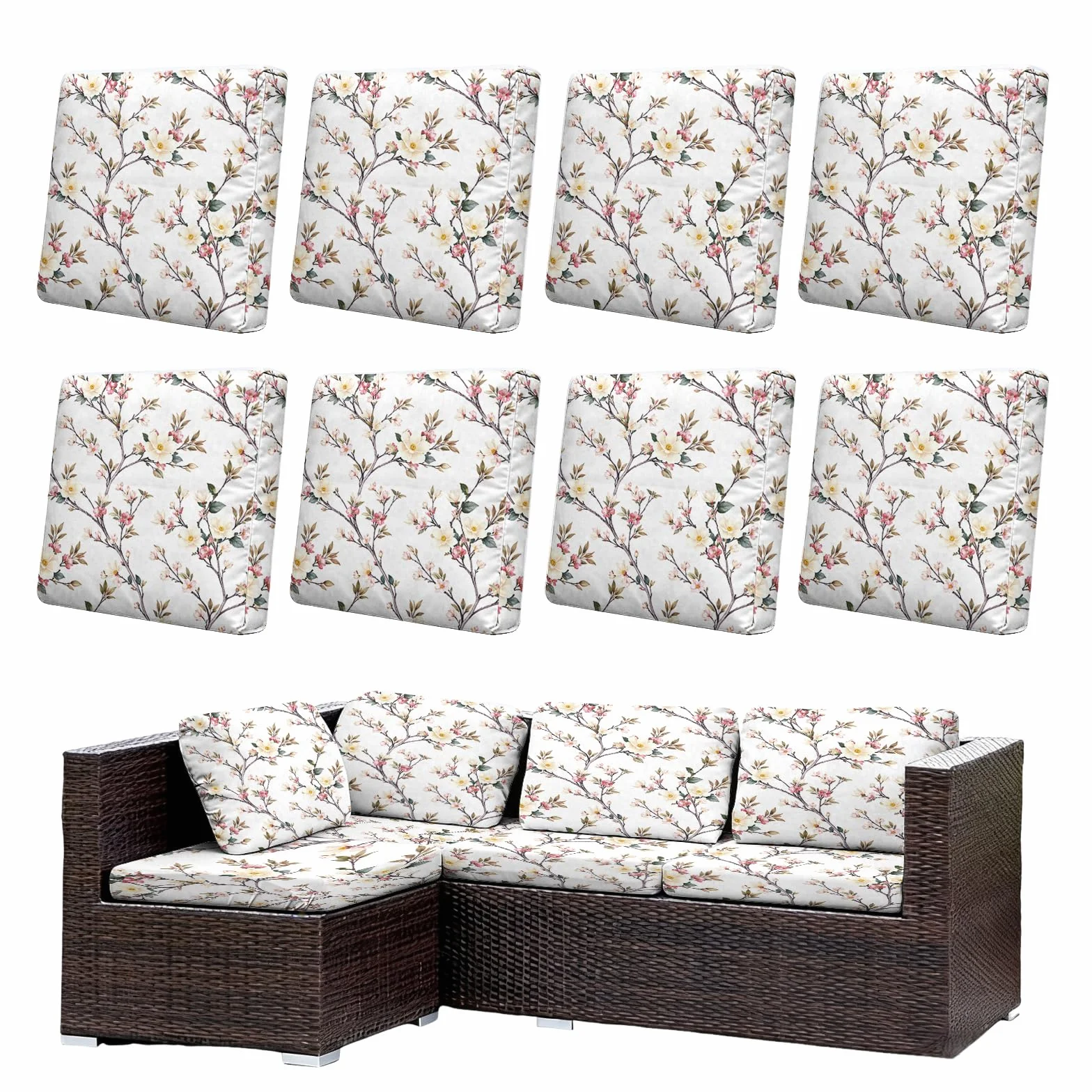 Morbuy Copricuscini Impermeabili per Esterno Giardino Patio, Set 6/8, Divano Angolare in Rattan (Alberi in fiore)