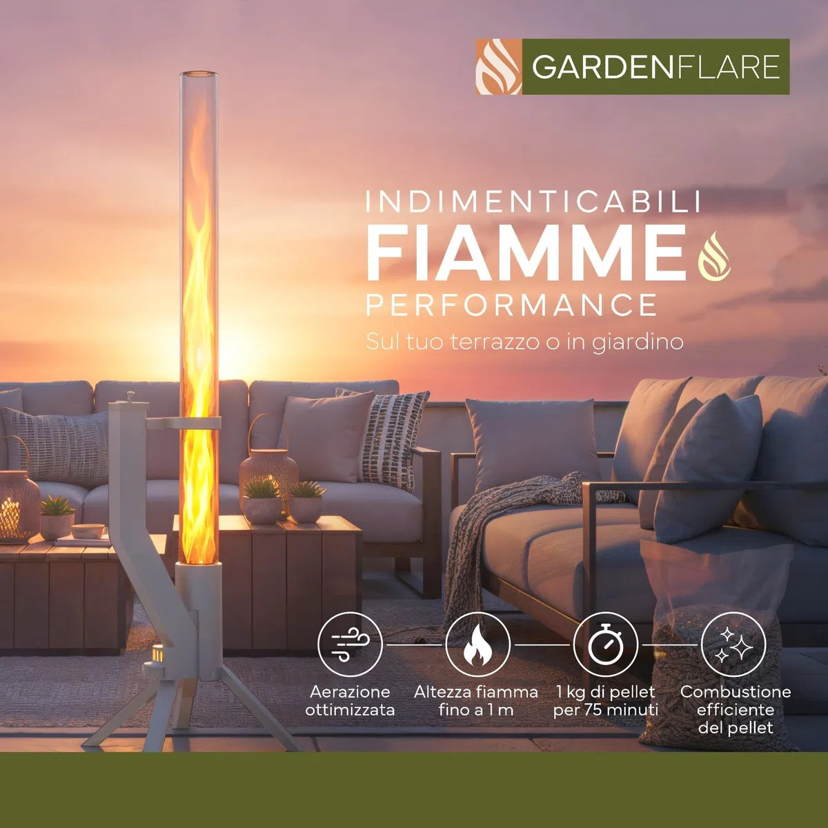 GARDENFLARE Colonna di Fuoco in Acciaio Inox e Torcia a Pellet per un'Atmosfera Incantevole – Elegante Alternativa ai Riscaldatori da Terrazza e ai Camini da Giardino per la Tua Terrazza (Argento)