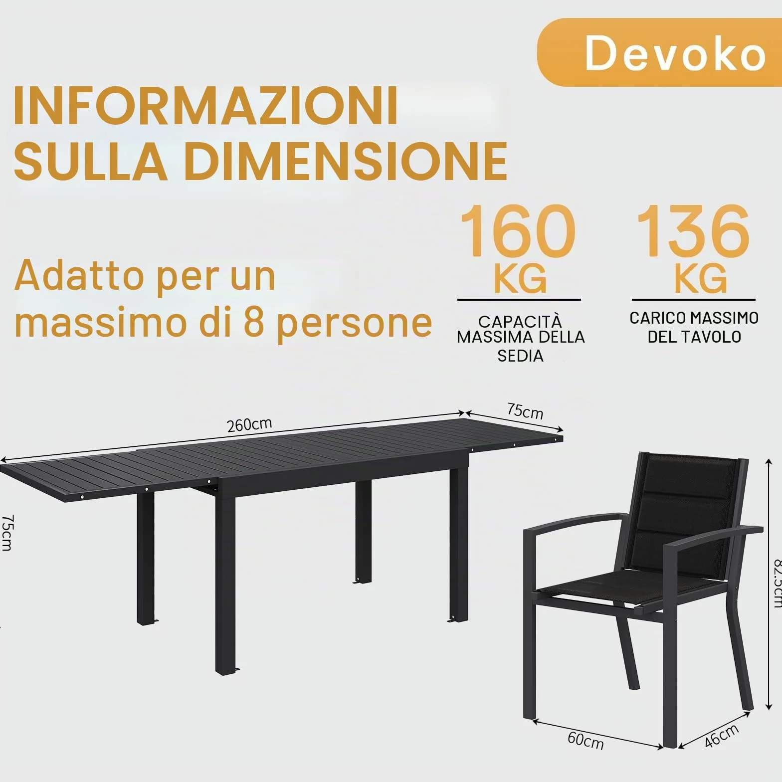 Devoko Set Tavolo e Sedie Da Giardino in Alluminio 8 Persone, 130-260CM Allungabile, Grigio Scuro