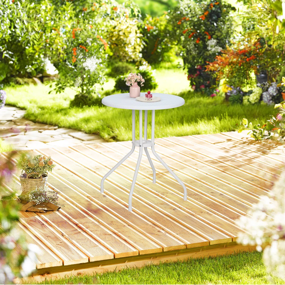 Relaxdays Tavolino da Giardino Rotondo, HxD 73 x 60 cm, Aspetto Rattan, Tavolo in Plastica e Acciaio, da Esterno, Bianco