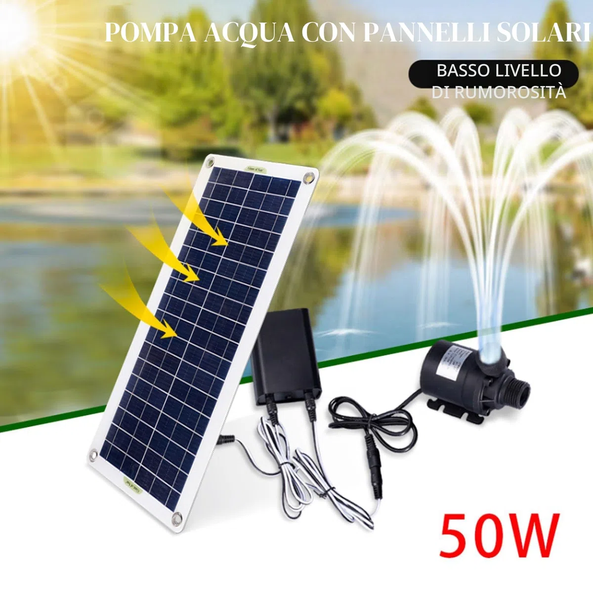 Pompa per fontane solari con pannello 100W, batteria integrata per giardini