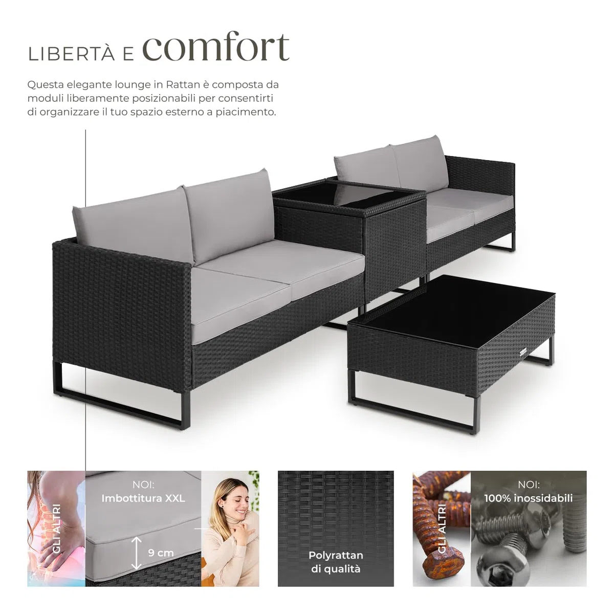tectake® Salottino in Rattan Ostuni, Set da Giardino con 2 Sofà e 1 Tavolo con Lastra in Vetro, Box Contenitore, Cuscini Spessi, Telaio in Acciaio, Intreccio in Polyrattan - Nero
