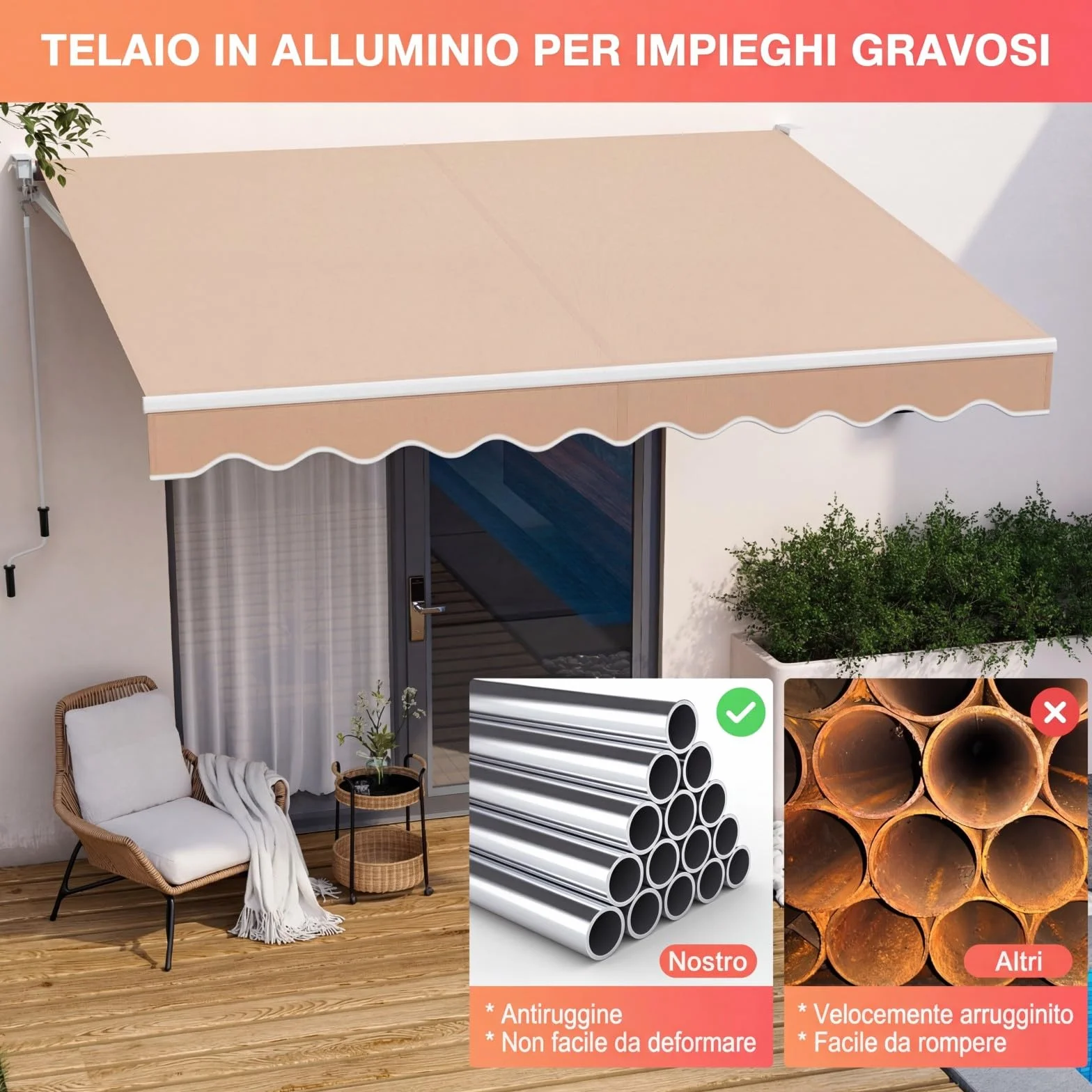 RELAX4LIFE Tenda da Sole Avvolgibile 295x250cm Base Parete/Soffitto Aluminio Beige