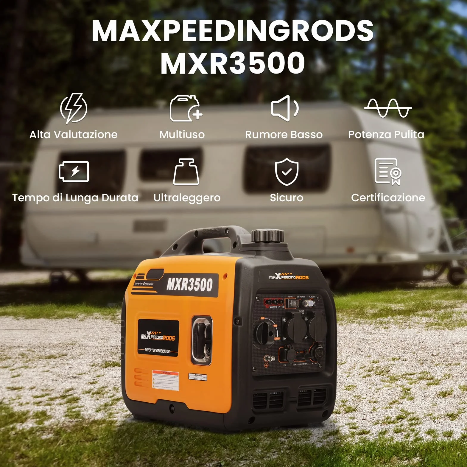maXpeedingrods 3300W Generatore di Corrente Inverter Silenziato a Benzina 4 Tempi per all'Aperto Campeggio Partito Generator Elettrico Emergenza Portatile con Prese USB e 230V Leggero per Garage