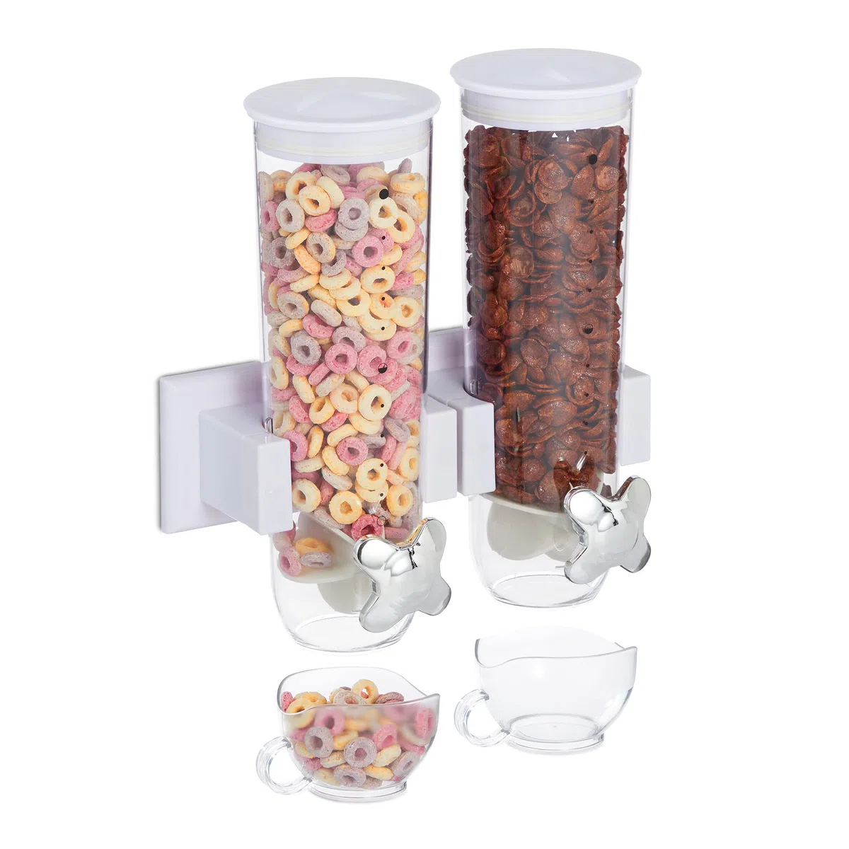 Relaxdays Dispenser Cereali Doppio, Montaggio a Parete, Distributore per Corn Flakes e Dolcetti, in Plastica, Bianco