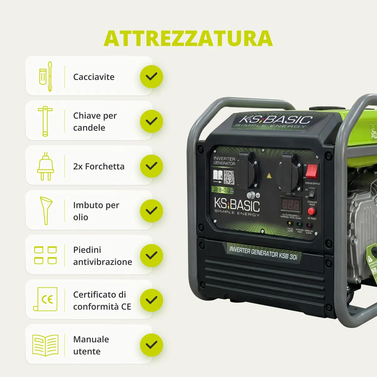 K&S Basic 30i Generatore inverter, 2800 W, potenza nominale 3000 W massima, generatore di emergenza a benzina, onda sinusoidale pura, modalità ecologica, generatore di corrente per casa, campeggio e