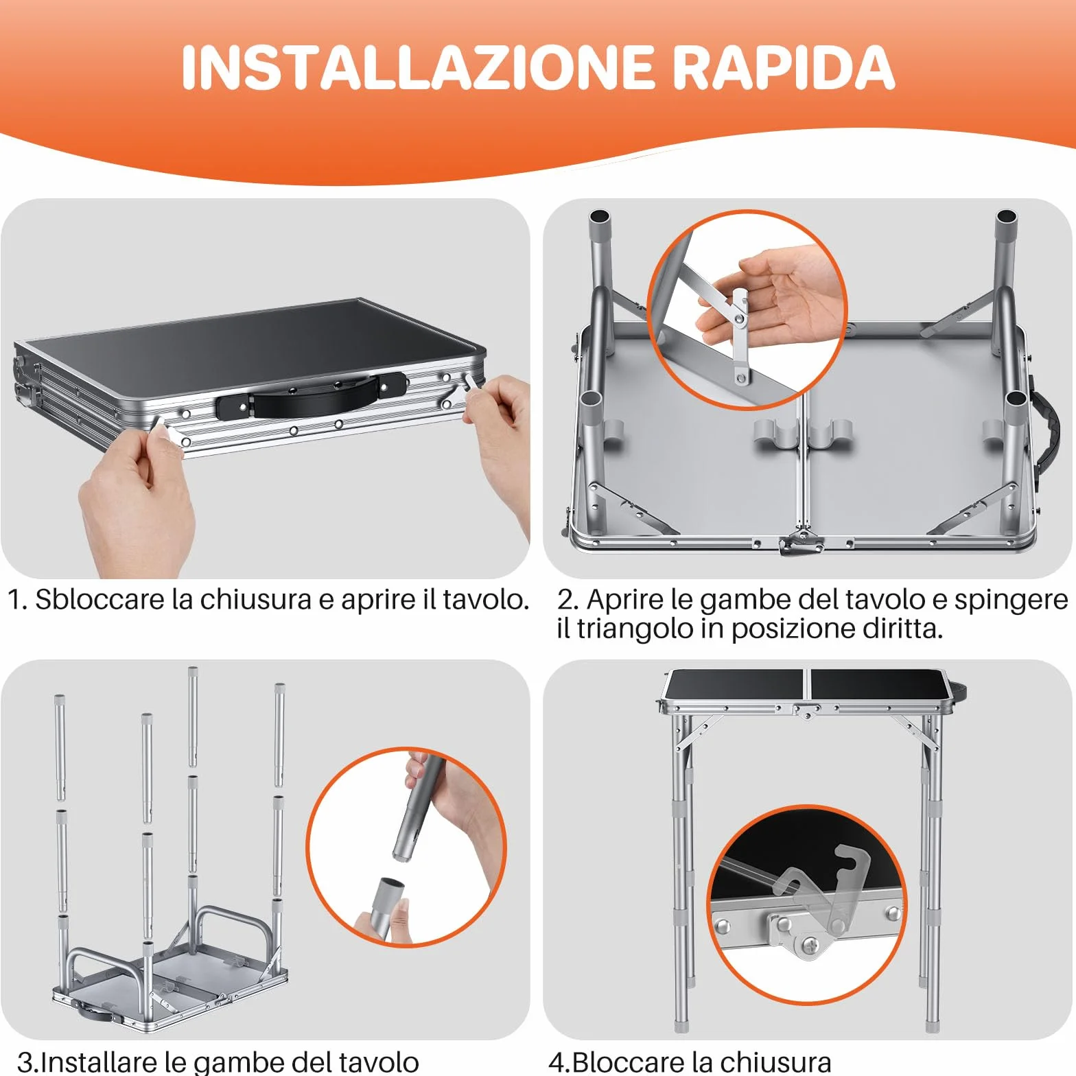 FUNYKICH Tavolo da Campeggio Pieghevole 58x40 cm Alluminio 3 Altezze Regolabili 26/48/70 cm Maniglia Trasporto MDF Argento