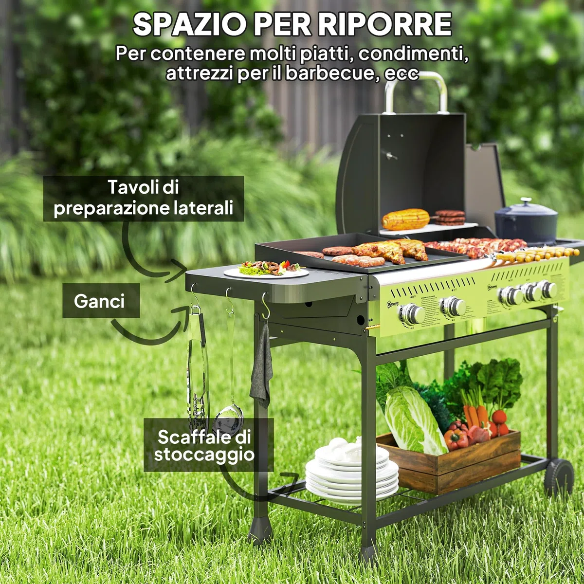 Outsunny Grill Gazowy 4+1 Palniki 12kW z Termometrem, Stal, Czarny Srebrny