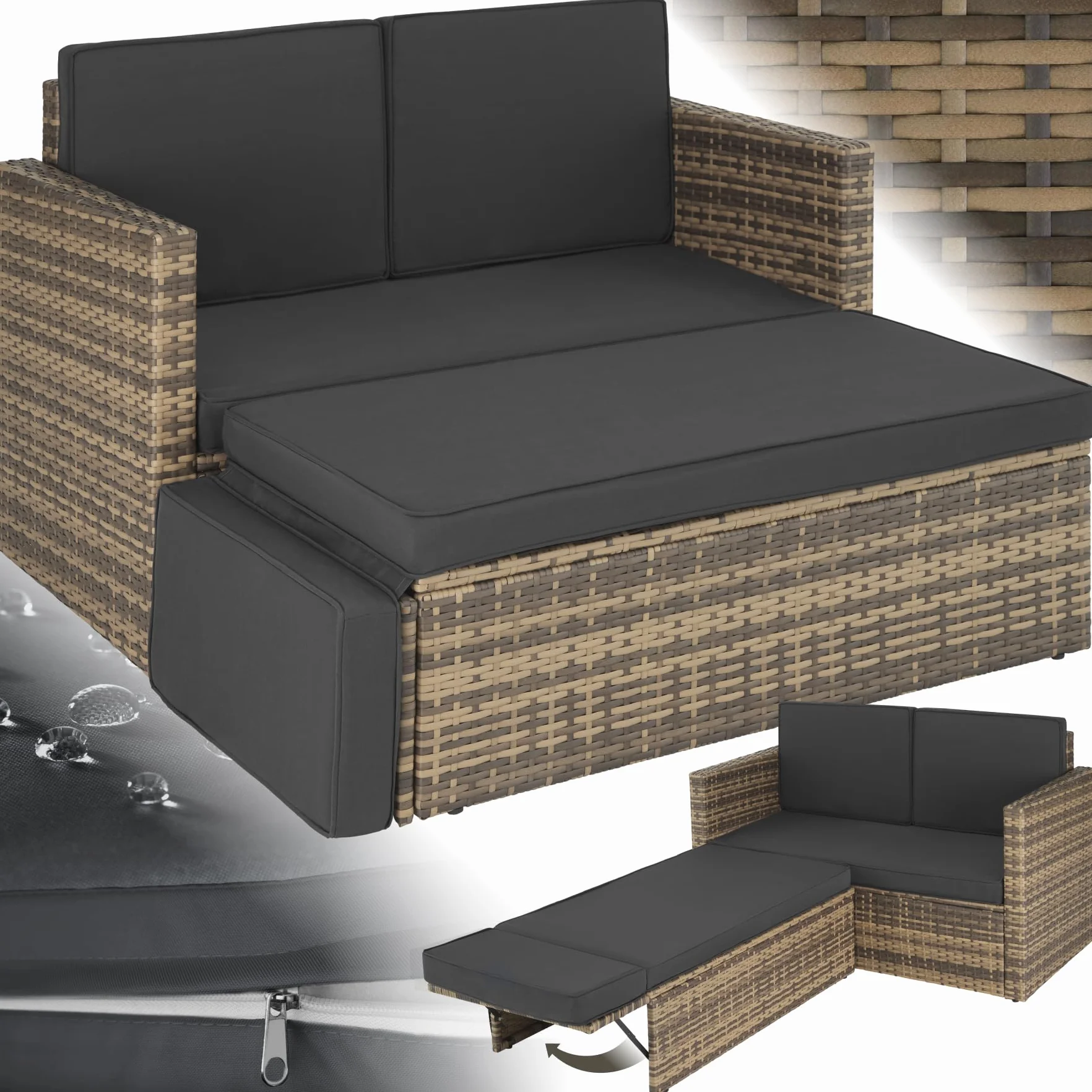 tectake® Divano Lounge in Rattan Corfù, Componibile, Pouf con Sostegno Pieghevole, Cuscini Spessi, Telaio in Acciaio Verniciato, Alta Qualità, Comfort Superiore - Naturale