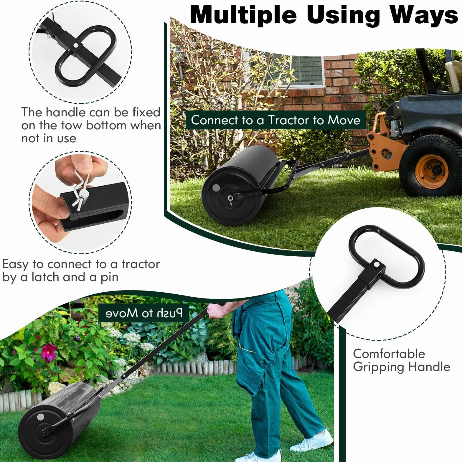 SOARS Rullo da Giardino Ø40 cm e 90 di Larghezza, Rullo da Prato in Metallo Manuale e per Trattorino, Rullo con Raschiatore Antisporco e Riempibile con Acqua/Sabbia (Nero, 113L)