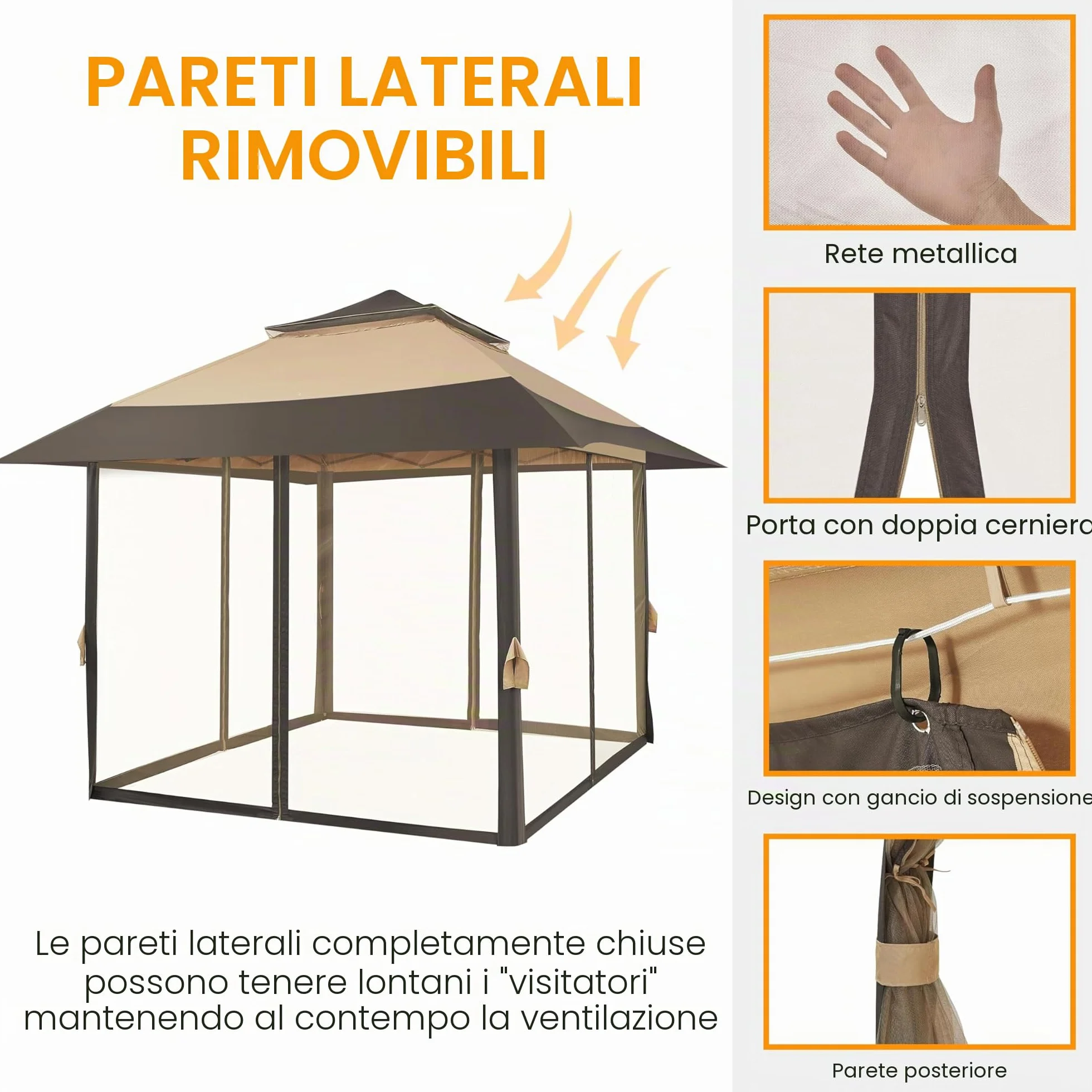Yaheetech Gazebo da Giardino 4x4 m con Zanzariera Struttura in Metallo Doppio Tetto Kaki