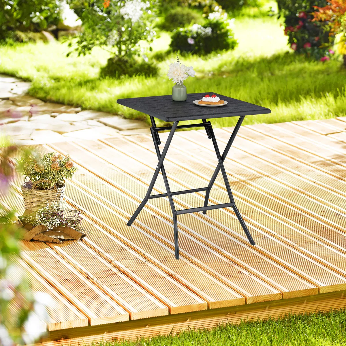 Relaxdays Tavolo Pieghevole da Giardino 73x62x62 cm Nero Effetto Legno