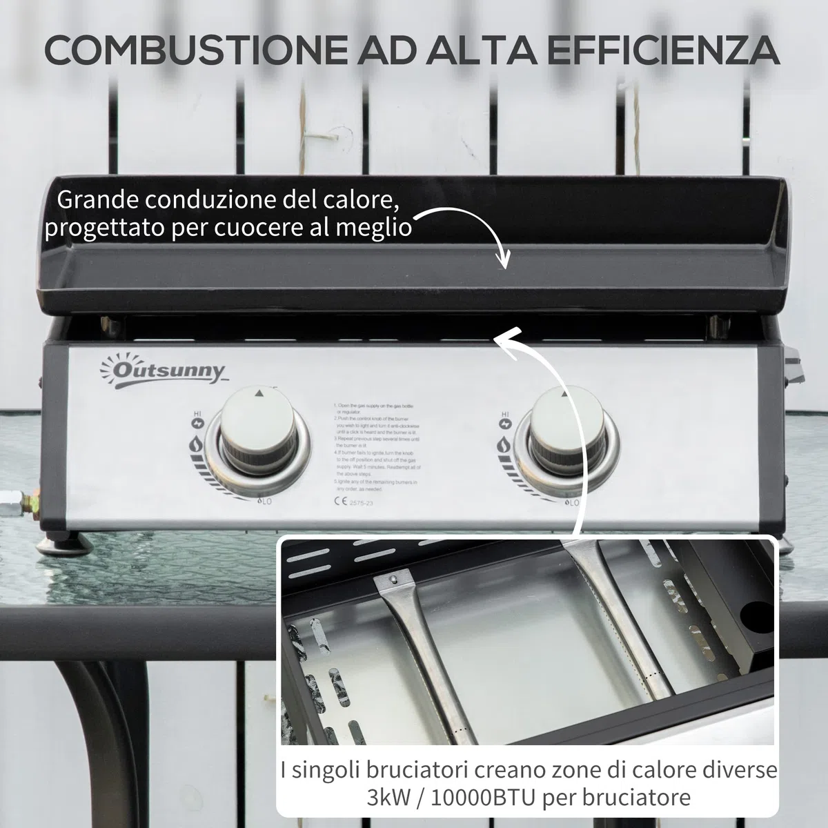 Outsunny Piastra Barbecue a Gas 2 Bruciatori BBQ Antiaderente da Tavolo 5kW 48.5x46x21cm Nero