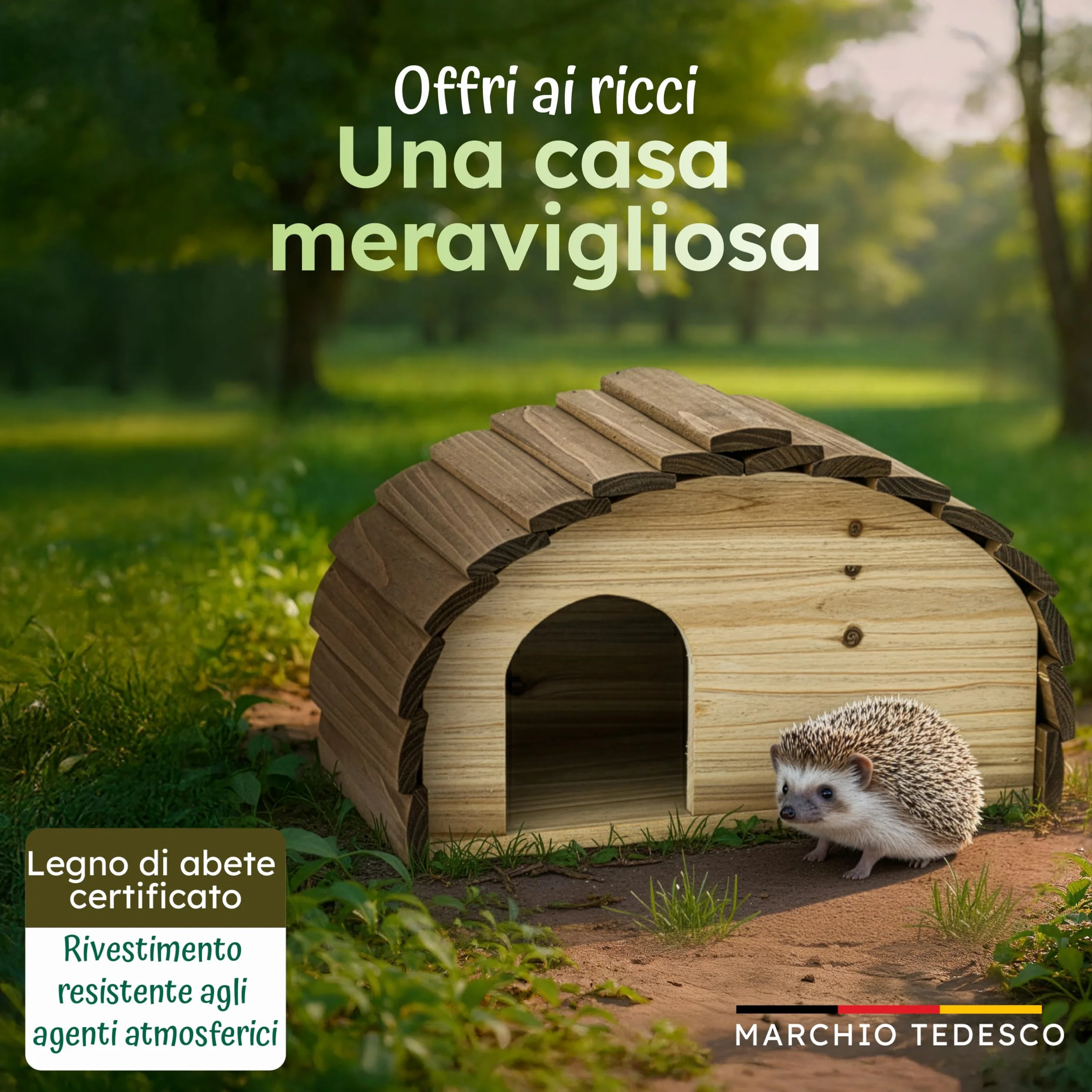 Moorland Casetta per ricci – Rifugio invernale 35×21 cm con base fissa, ingresso ventilato a labirinto e tetto fisso, in legno FSC, resistente alle intemperie per giardino