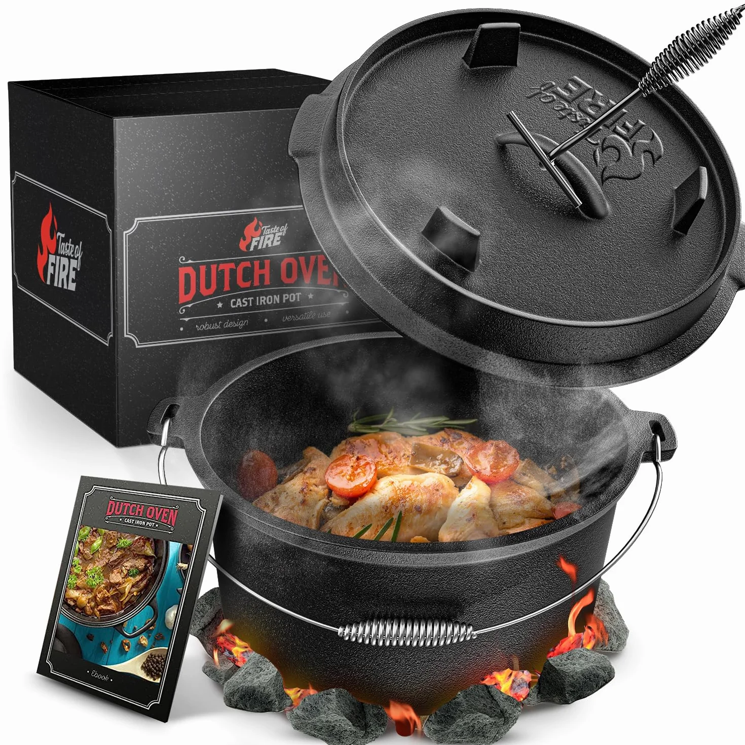 Taste of Fire [L'Originale] - Set Pentola Olandese in Ghisa da 7,4 Litri con Piedini & Coperchio da 1,8 Litri a Doppia Funzione Utilizzabile come Griglia – Include Solleva Coperchio