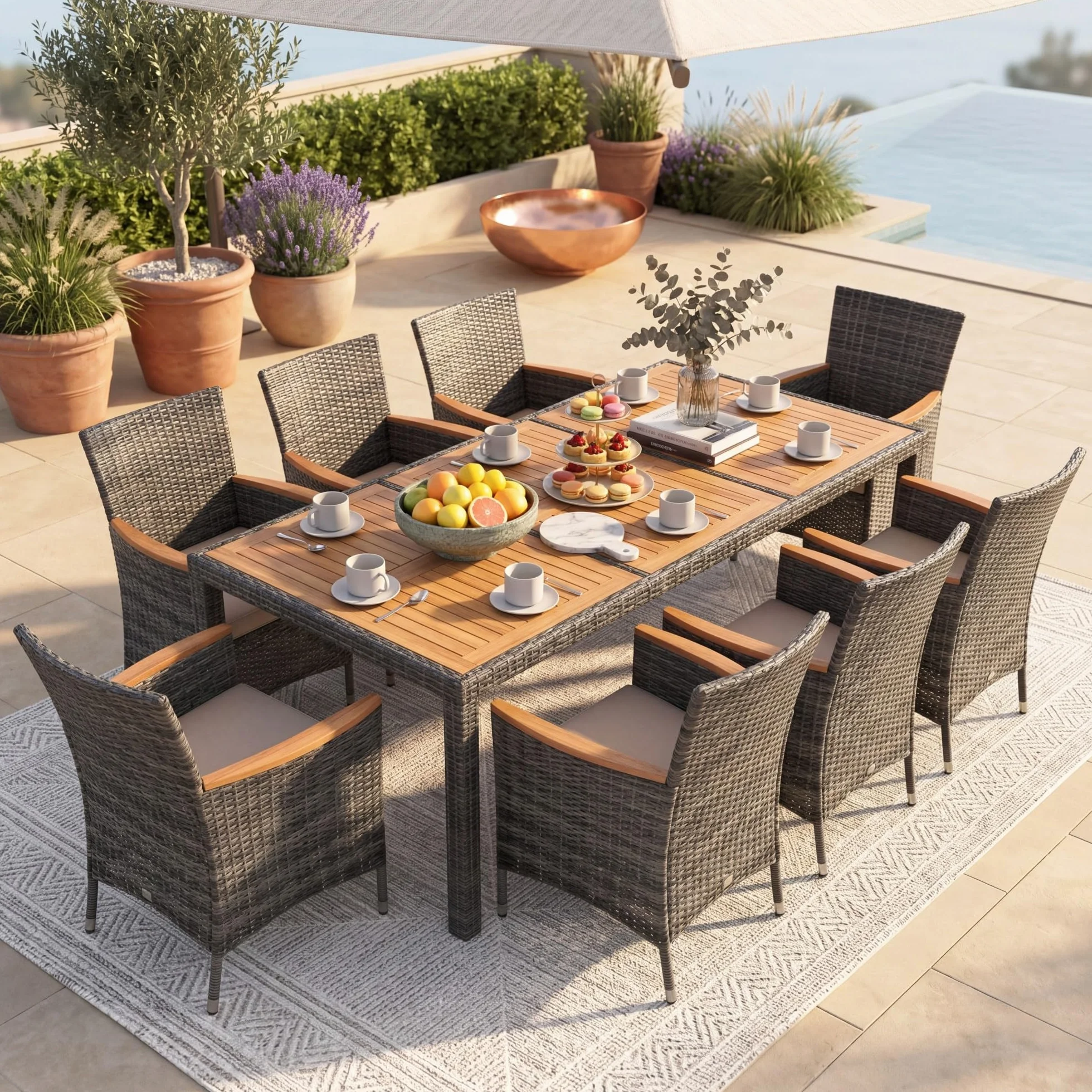 GIANTEX Set di mobili da giardino 9 pezzi, tavolo e sedie in rattan, grigio