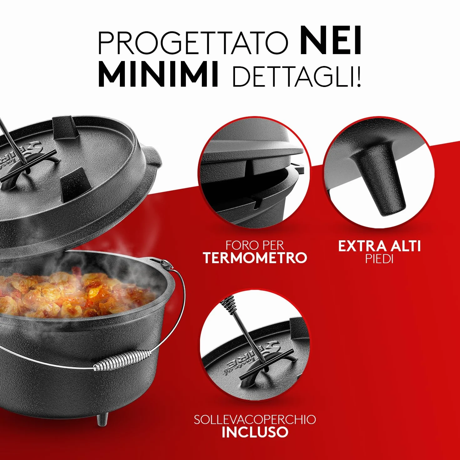 Taste of Fire [L'Originale] - Set Pentola Olandese in Ghisa da 7,4 Litri con Piedini & Coperchio da 1,8 Litri a Doppia Funzione Utilizzabile come Griglia – Include Solleva Coperchio