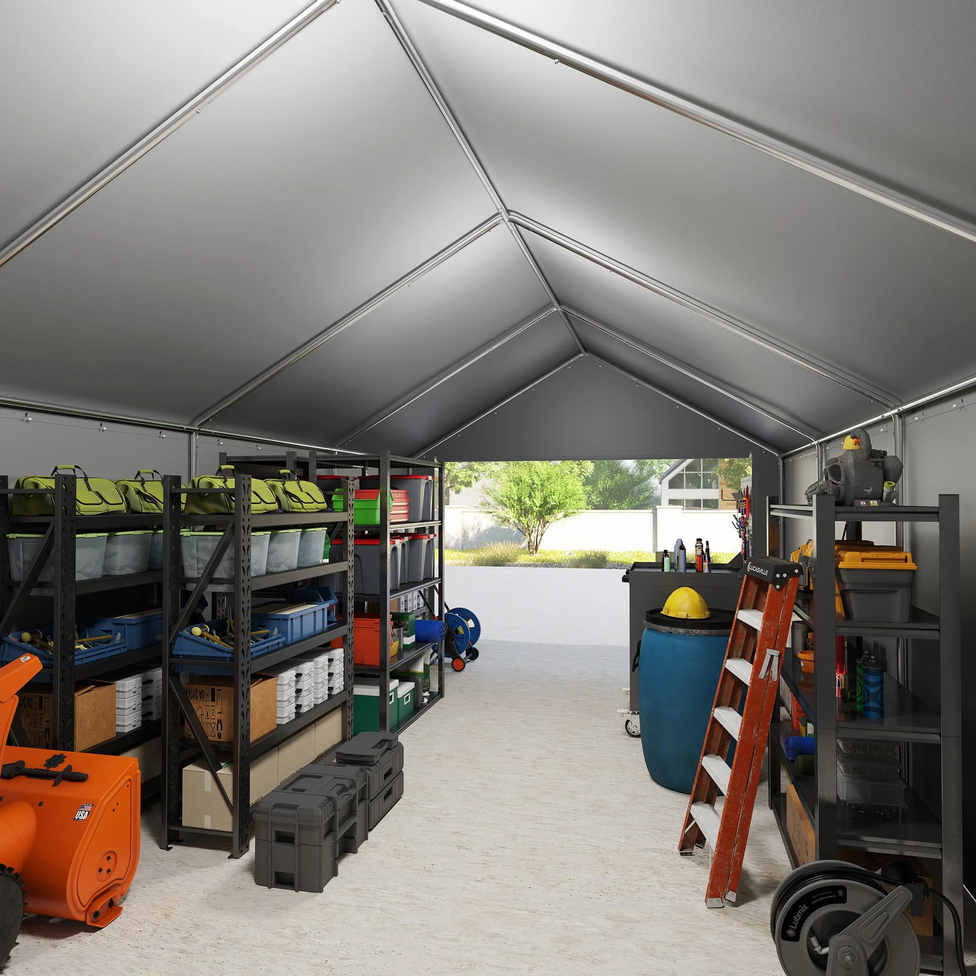 LZQ Tenda da magazzino, 4 x 8 m, tenda per attrezzature, casetta degli attrezzi e garage con robusto telo in polietilene, resistente alle intemperie, con rinforzo sul tetto e telaio per attrezzi