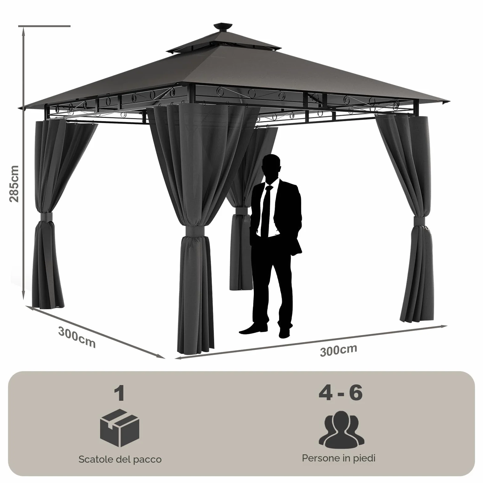 Devoko Gazebo 3x3m con Luce LED Impermeabile UV50+ Doppio Tetto Tenda da Giardino per Famiglie Grigio