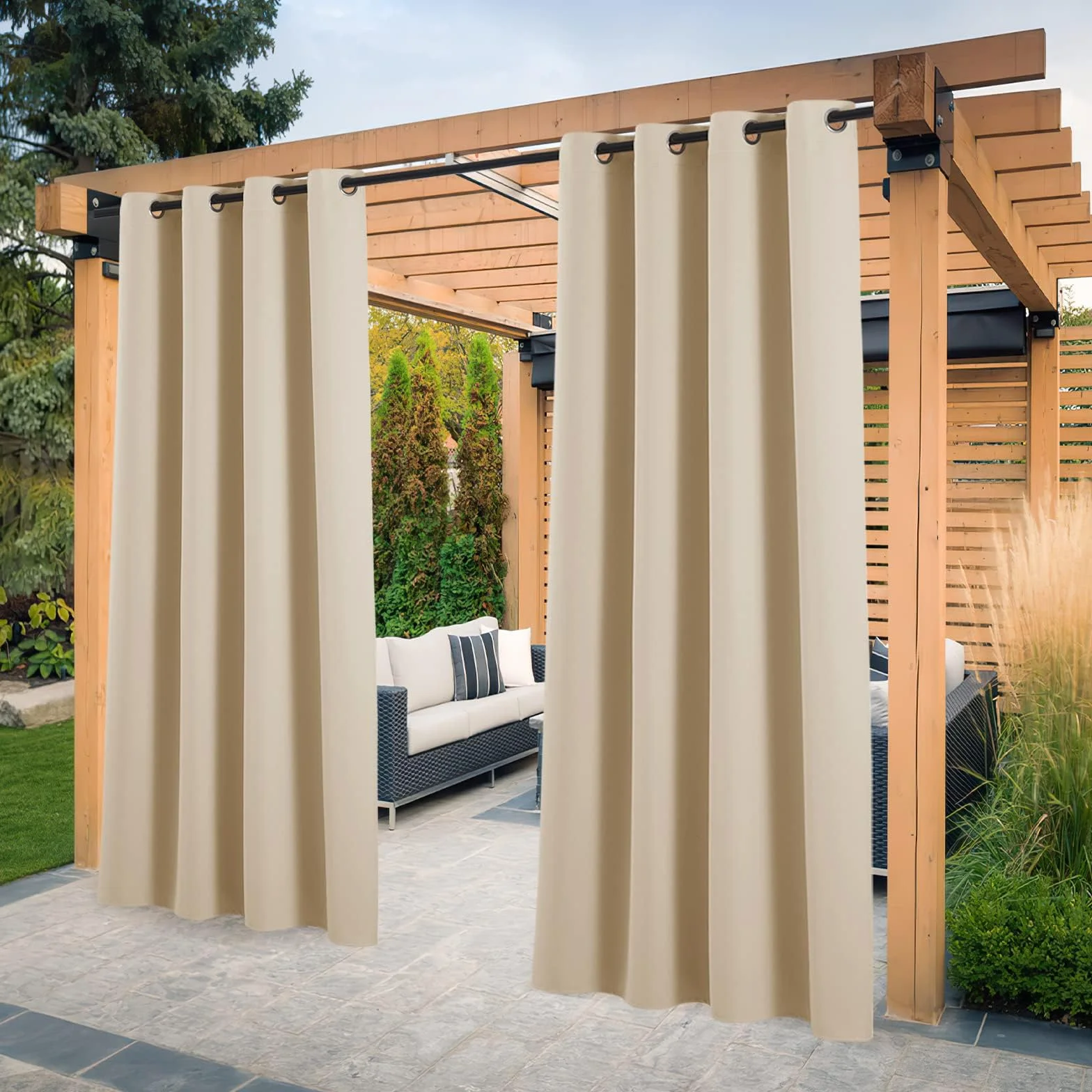 PONY DANCE Anti-UV Tende da Esterno Impermeabili Tende da Sole per Balconi con Anelli 2 Pezzi L132 x A213 CM Blackout Curtains Termiche per Gazebo e Verande, Beige