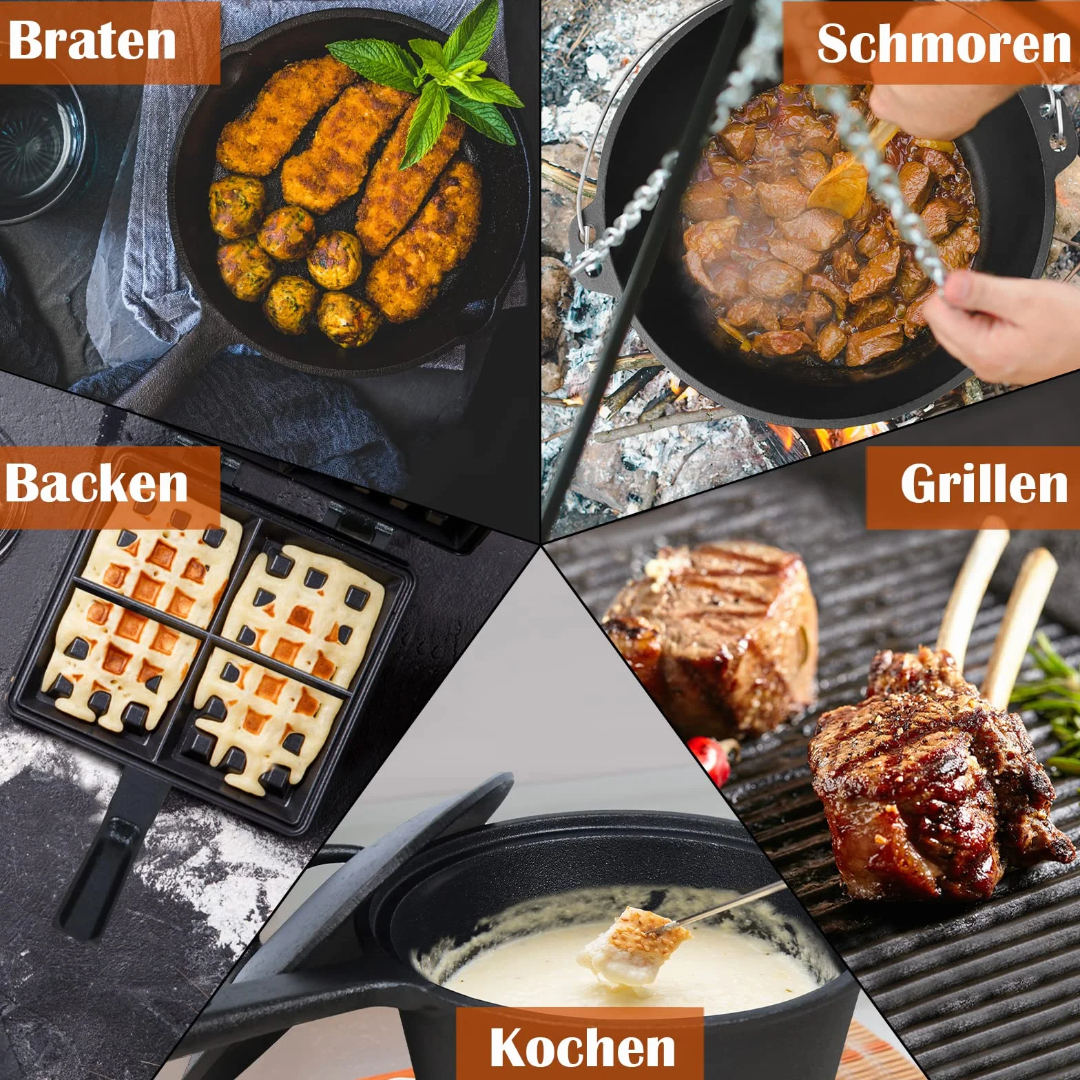 UISEBRT Dutch Oven Set in scatola di legno - Set Forno Olandese con forno olandese, molti accessori in Ghisa, già cotto, con Dutch Oven, padella e coperchio
