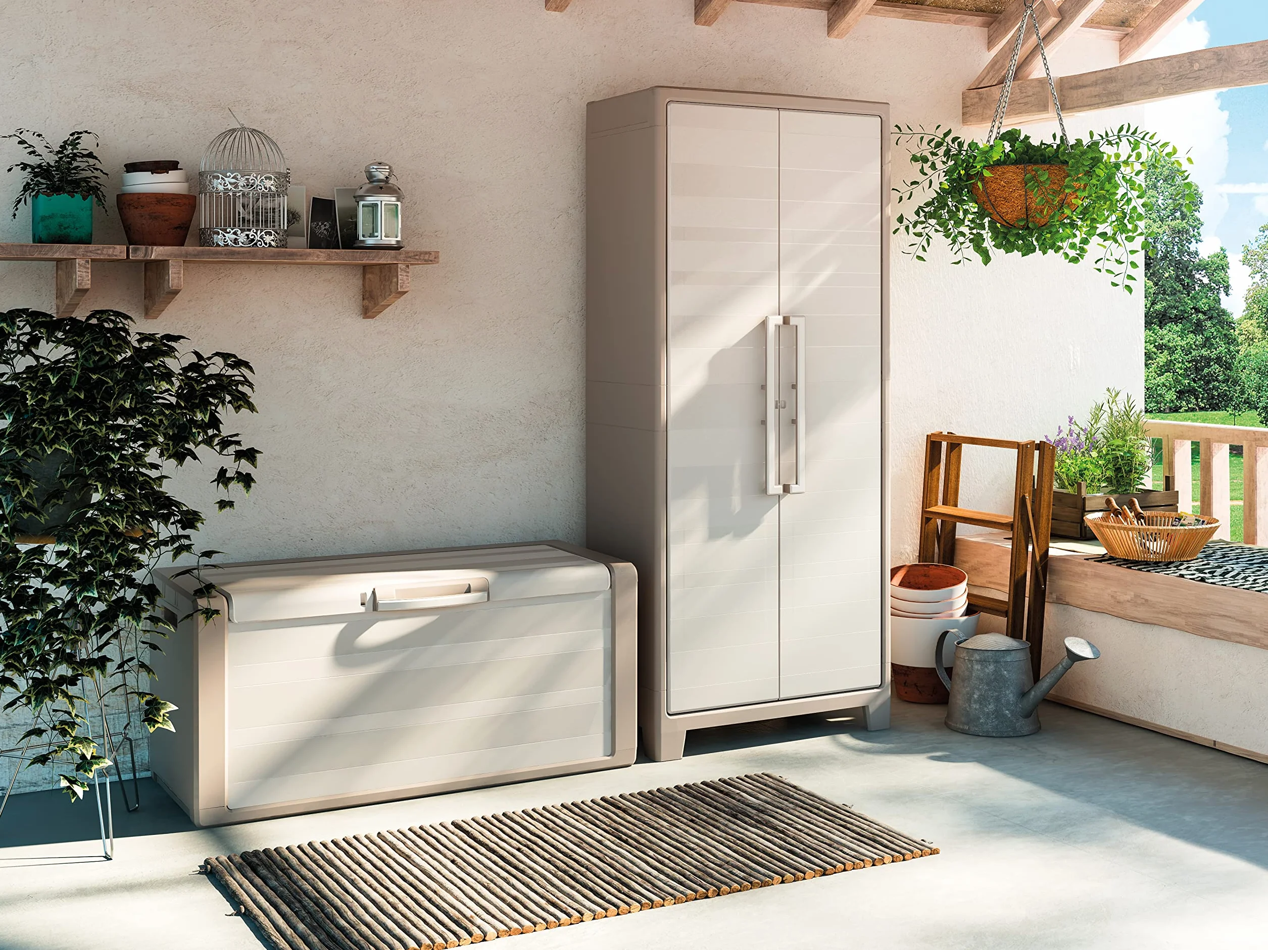 Keter Armadio Portascope Gulliver, 8 Ripiani Pieghevoli, da Esterno, Ideale per Balcone e Giardino, Sabbia/Beige, 80x44x182 H Cm
