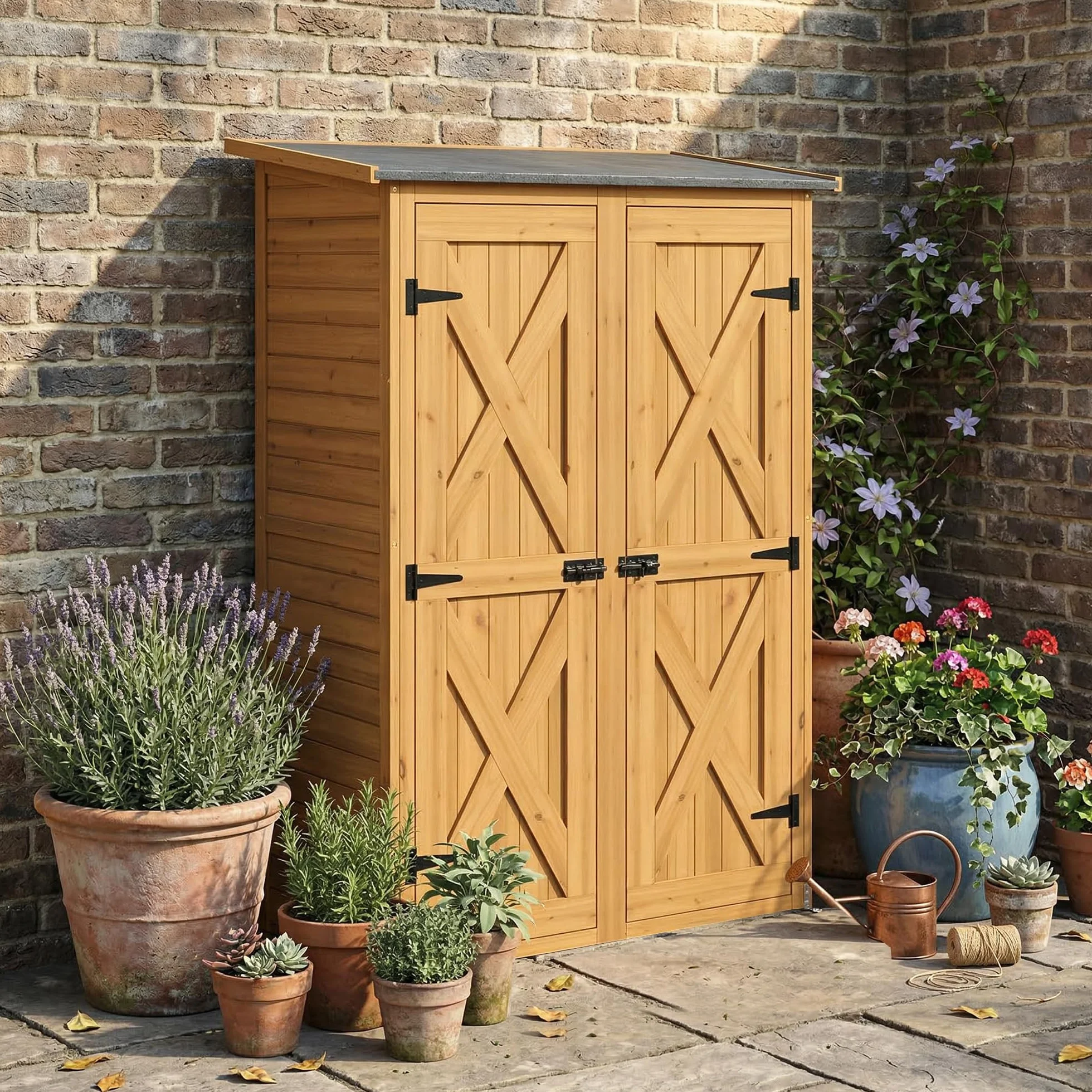 Outsunny Armadio da Giardino Legno Abete Casetta Attrezzi 2 Ripiani Doppia Porta Chiavistelli Tetto Inclinato 115x53x156 cm Marrone