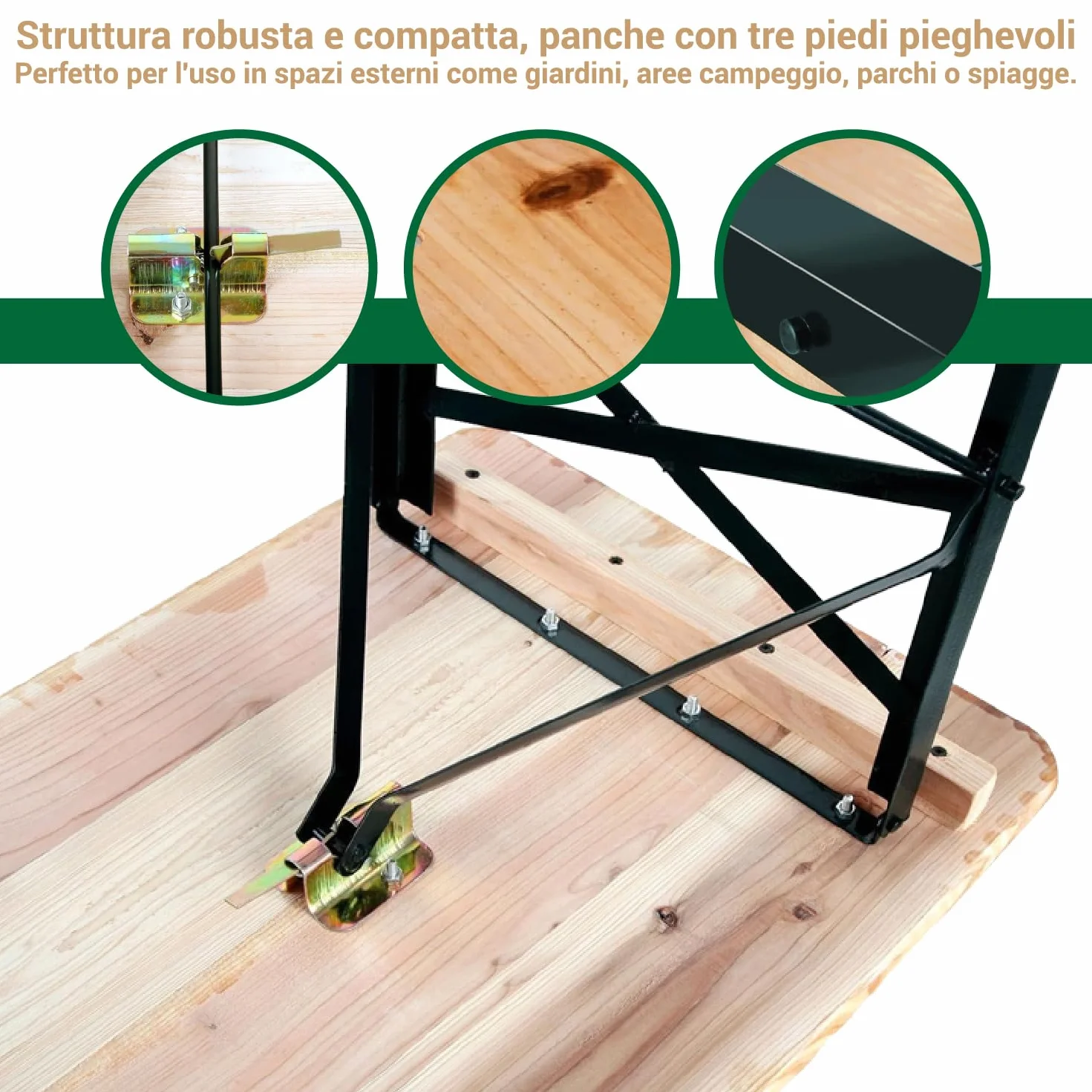 Crisalide® Set Birreria Pieghevole in Legno di Abete Tavolo 220 cm con 2 Panche Struttura in Acciaio Rinforzato 70x80 cm
