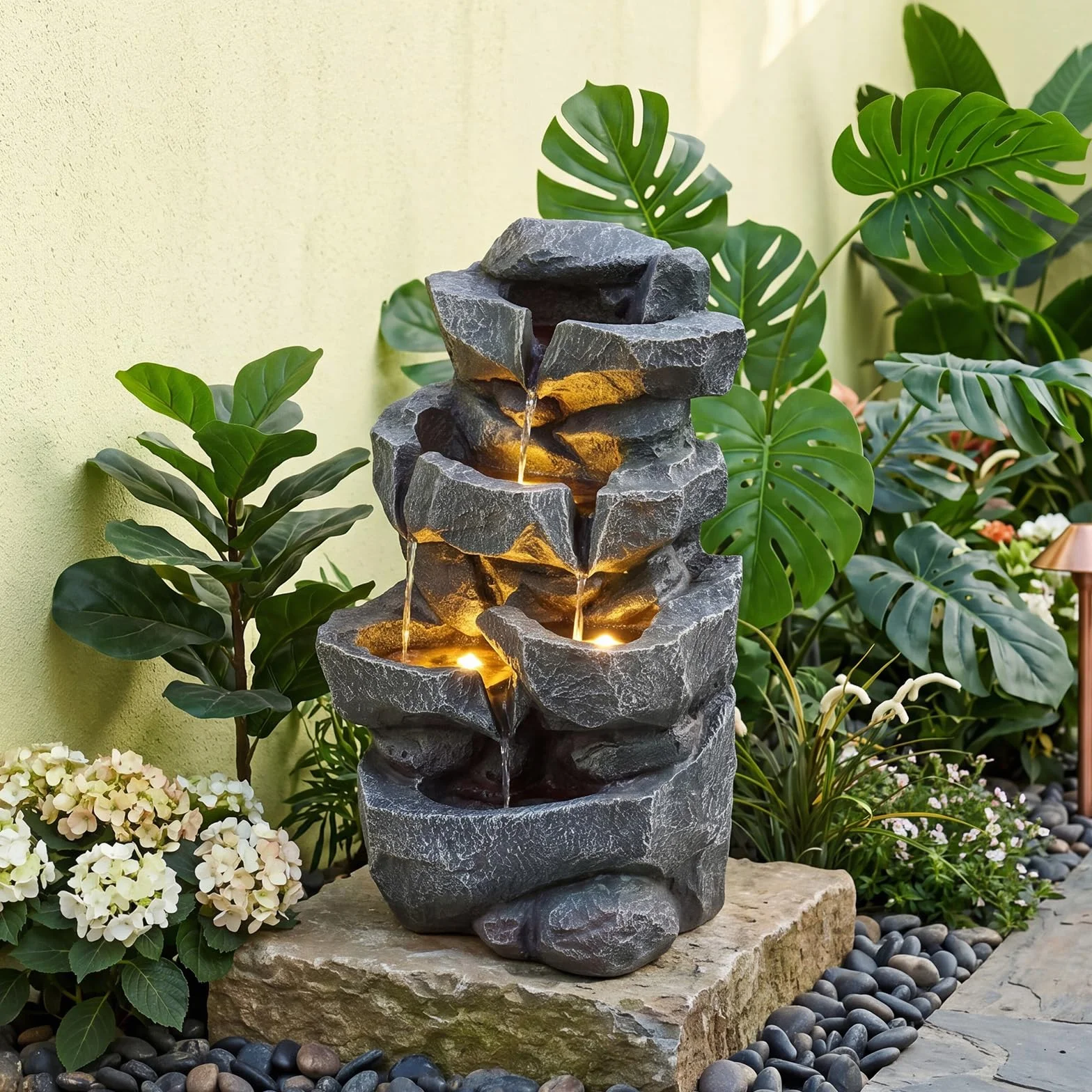 COSTWAY Fontana da Giardino a 5 Livelli, Fontana Cascata da Esterno con Luci e Flusso d'Acqua Regolabile, Fontanella Elettrica a Forma di Roccia con Effetto di Pietra da Terrazza e Balcone