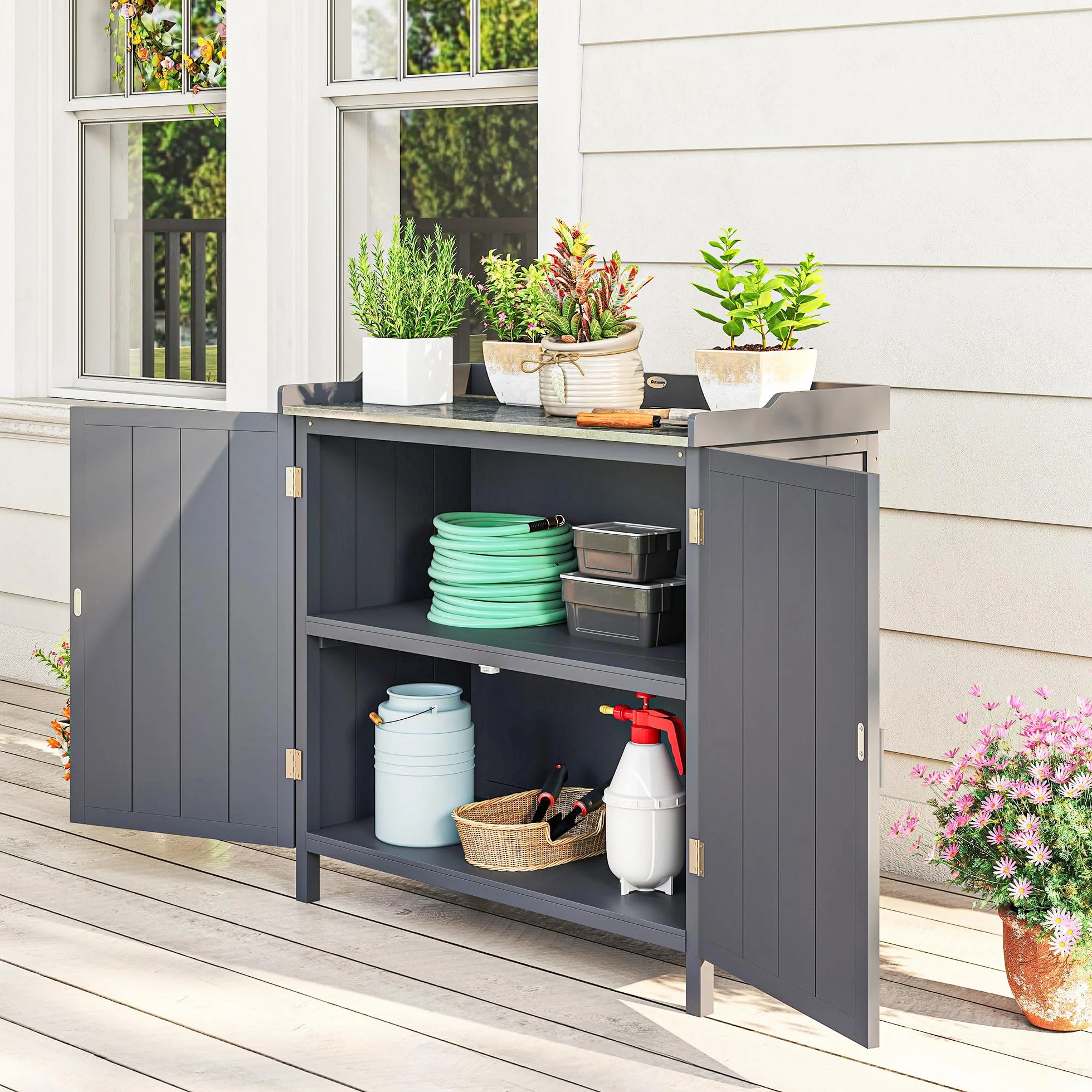 Outsunny Armadietto da Esterno in Legno di Abete con Piano da Lavoro in Metallo Zincato e 2 Ripiani Porta Attrezzi, 98x48x95.5 cm, Grigio