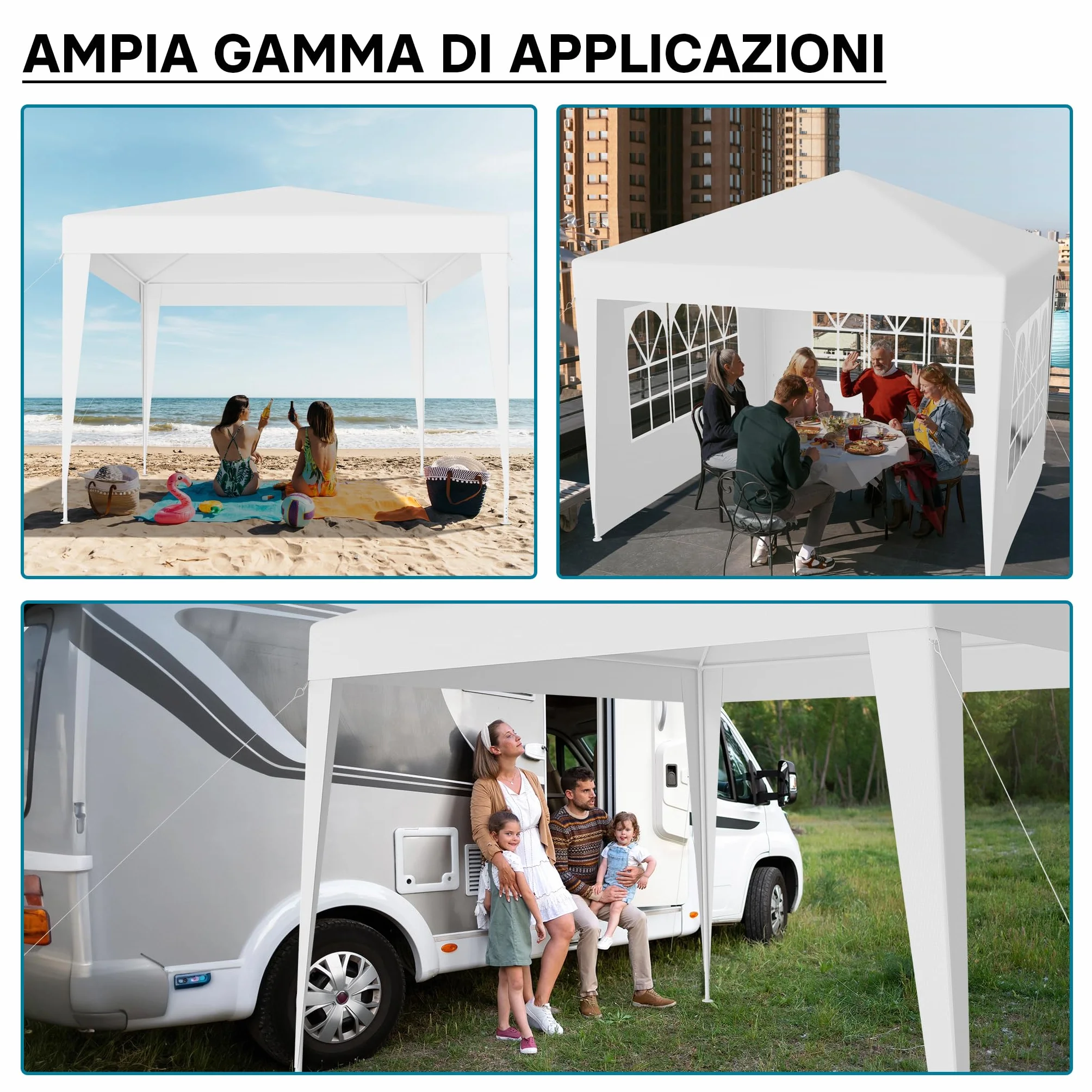 Wiltec Gazebo 3x3 m bianco protezione UV 50+ tendone da giardino lati rimovibili tenda da festa finestre