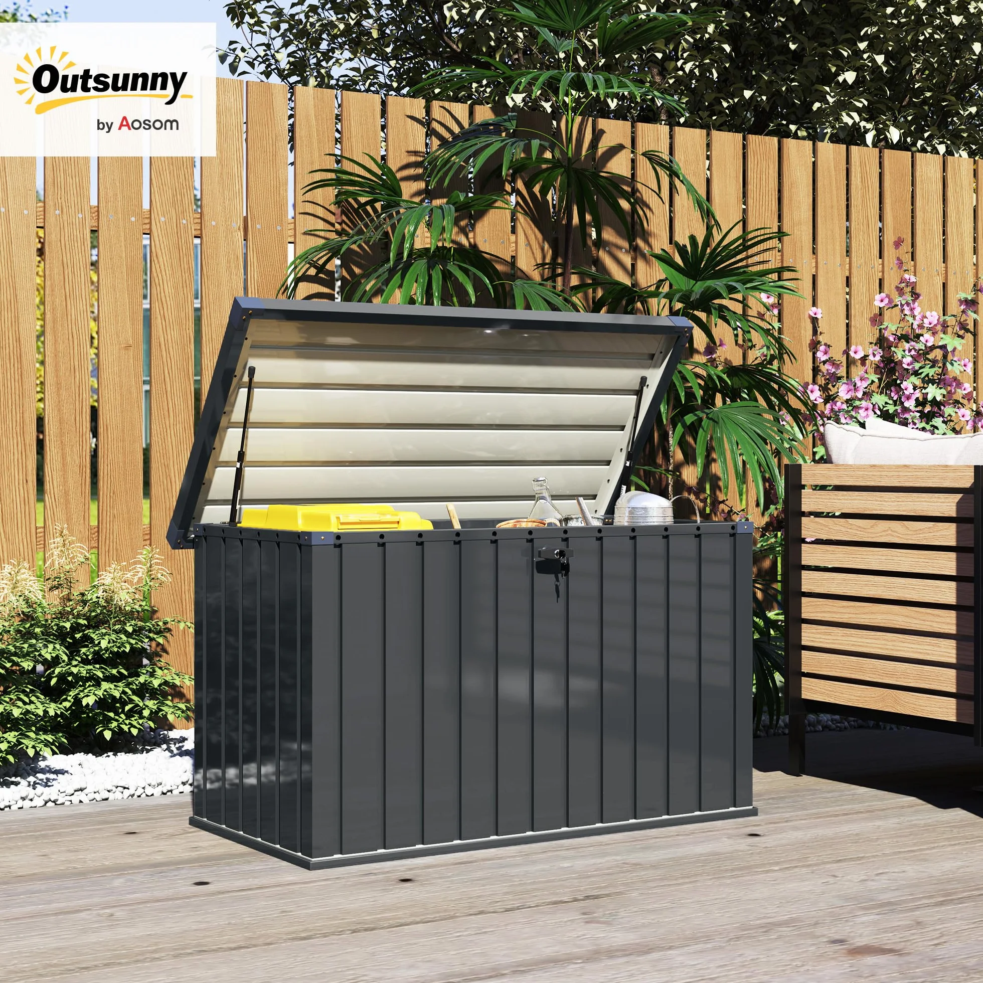 Outsunny Baule da Esterno da 400L con Coperchio a Doppia Leva, Serratura e 2 Chiavi, Cassapanca Contenitore da Esterno Impermeabile in Acciaio Zincato, 124x66x72 cm, Grigio Scuro