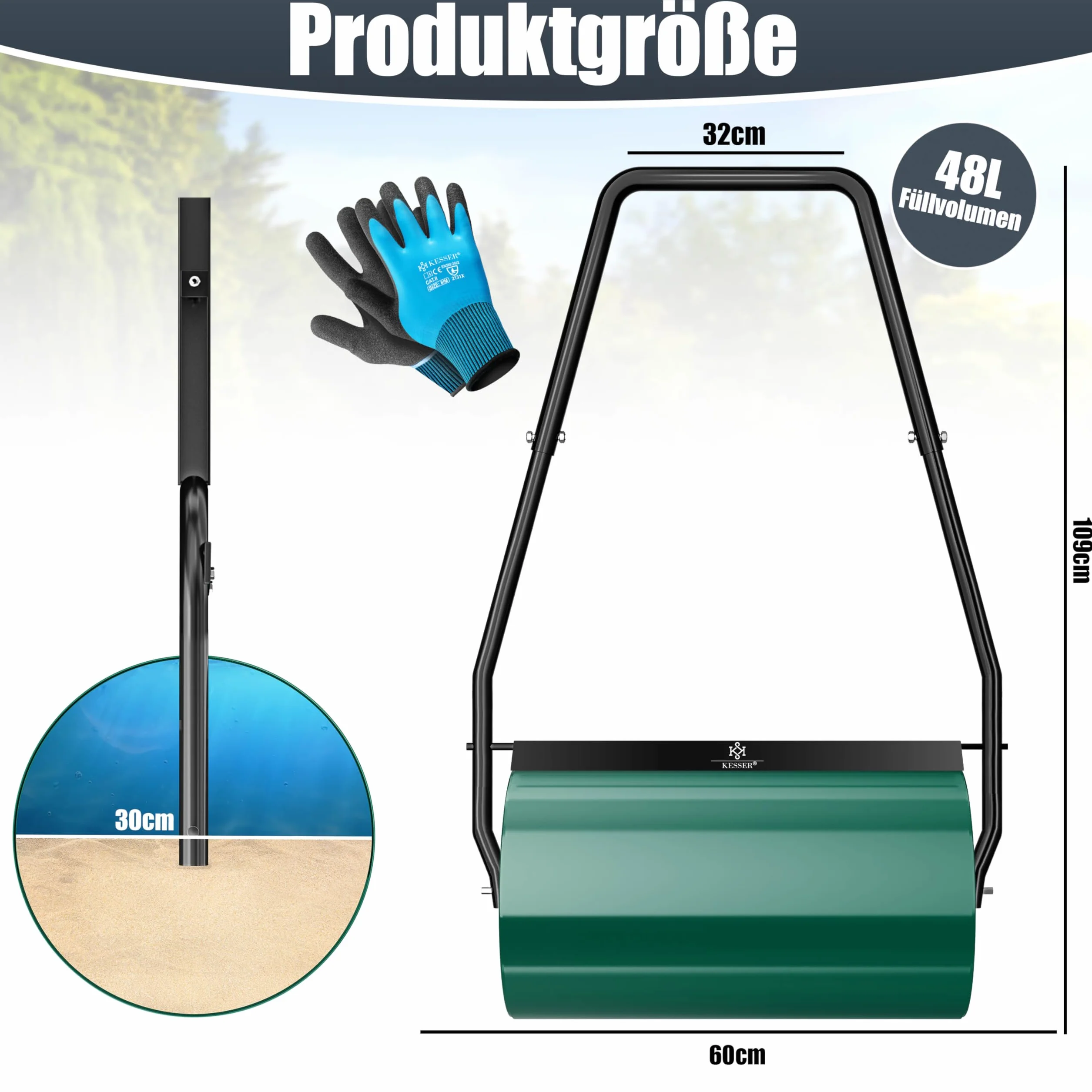 KESSER® - Rullo per Prato 60cm 48l Volume di riempimento in Metallo con deflettore dello Sporco Rullo Manuale Rullo per Giardino Rullo per Campo Rullo riempibile con Acqua/Sabbia 60 kg, Verde