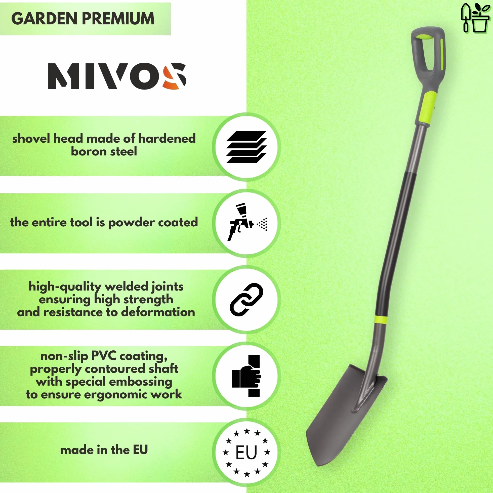 Mivos Vanga a Punta Professionale per Giardino – Pala con Lama Appuntita in Acciaio al Boro Temprato - 121 cm - Vanga da Scavo per Lavori di Giardinaggio e Costruzione – Made in EU