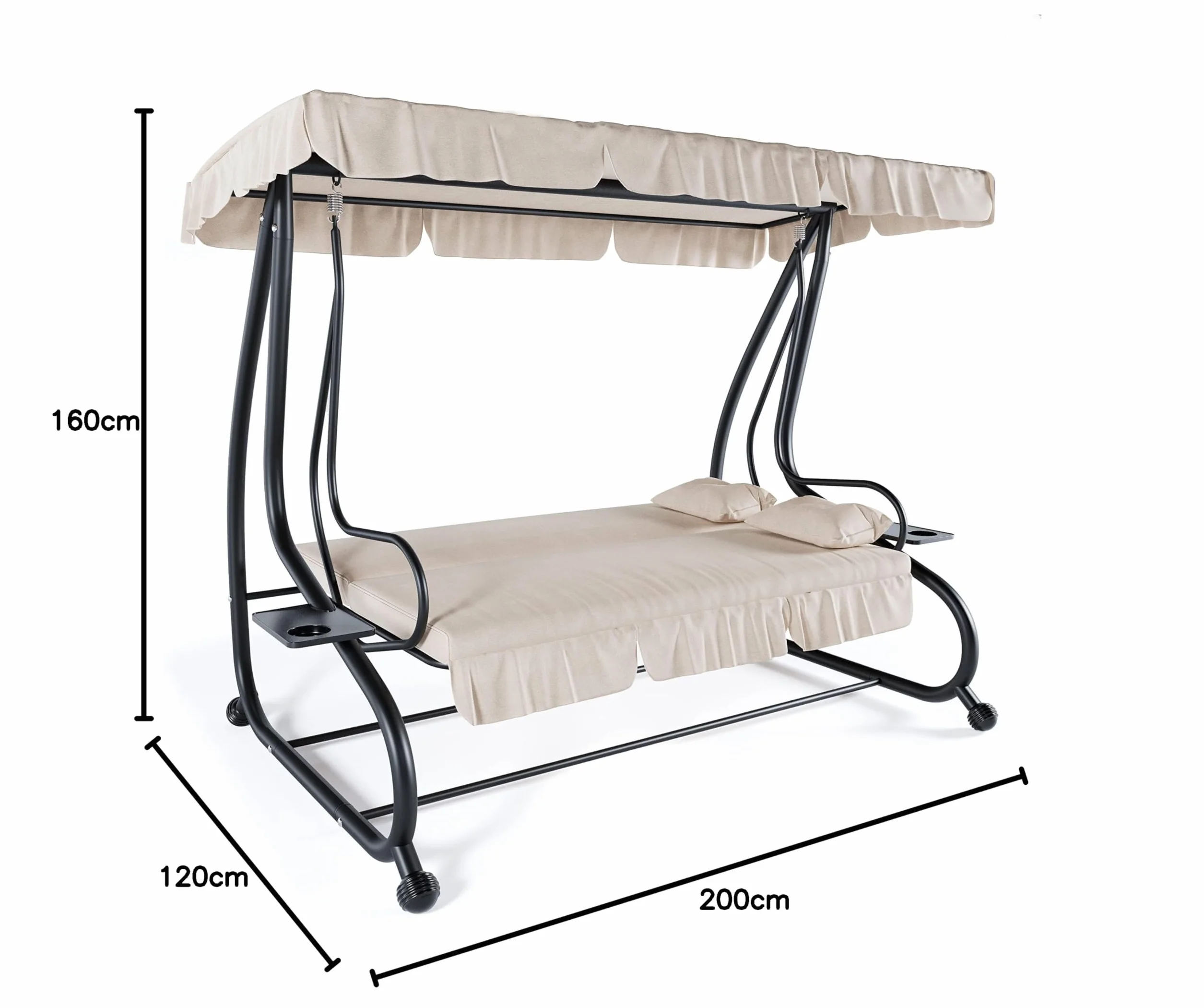 Dondolo 3 Posti Reclinabile Con Parasole Tettuccio Regolabile Cuscini Imbottiti Diventa Letto Struttura Robusta In Acciaio Verniciato Giardino Esterno Balcone Terrazzo 200 x 120 x 160 cm (Beige)