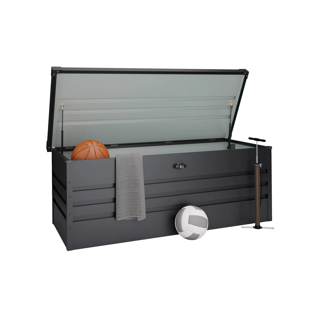 Hoggar Box da giardino in metallo, XXL, 716 litri, spessore 0,40 mm, resistente alle intemperie, per esterni, chiave inclusa, coperchio pieghevole, fondo incluso, cassapanca da giardino, impermeabile,
