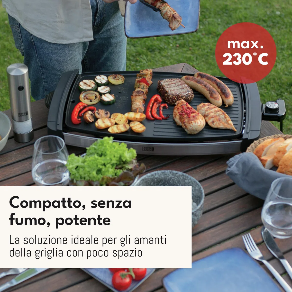 LEBENLANG Griglia Elettrica XXL 2000W - Incl. Pinze Per Barbecue I 45x30cm I Per Uso Interno & Esterno I Bistecchiera Barbecue Grande Grill Elettrico Piastra Per Grigliare Senza Fumo BBQ Da Balcone
