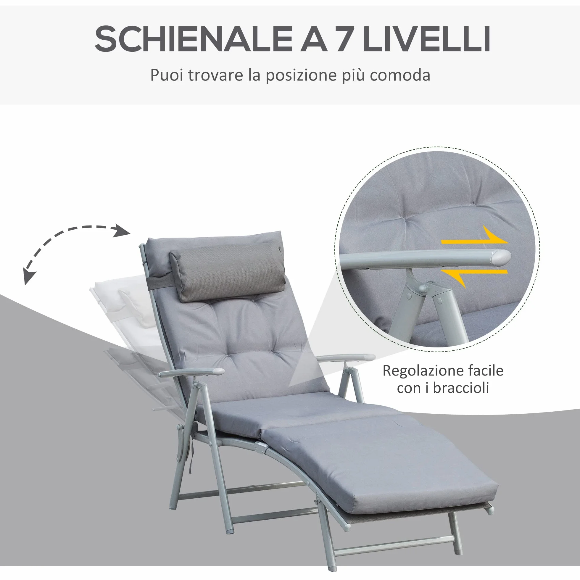 Outsunny Sdraio da Giardino Pieghevole 137x63.5x100.5cm Grigio con Materassino e Cuscino