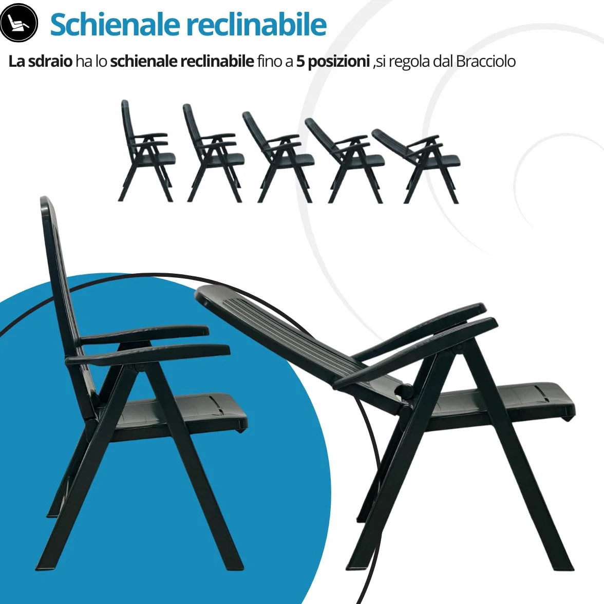 Tomaino Sdraio da giardino pieghevole in plastica - Poltrona per esterno, casa, campeggio reclinabile - 5 posizioni- Con braccioli (Nero)