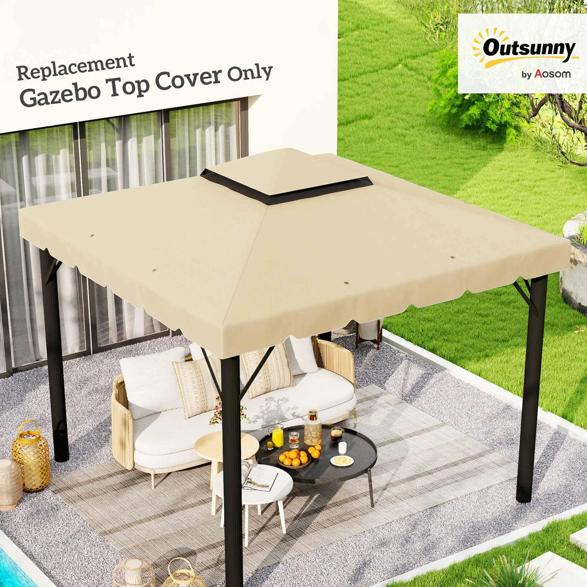 Outsunny Tetto di Ricambio per Gazebo 3x3 m 2 Livelli, Resistente all'Acqua in Poliestere 170g/m², Copertura Beige