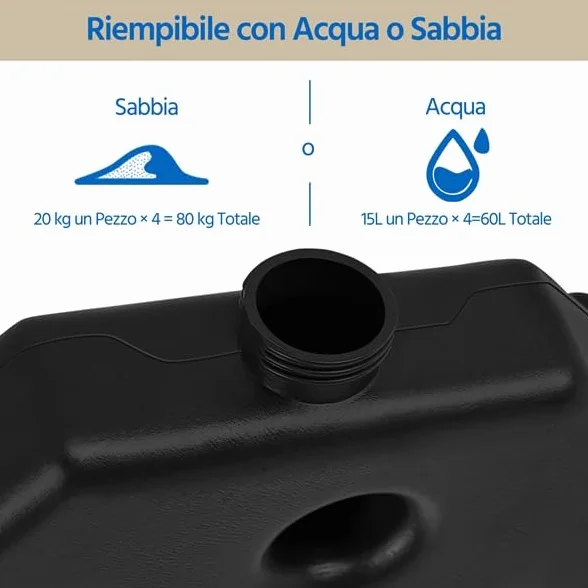 Yaheetech Base per Ombrellone Set 4 Pezzi Pesante Riempibile con Sabbia o Acqua 60L in HDPE con 4 Connettori Motivi di Rattan per Esterno Giardino Terrazza Nero