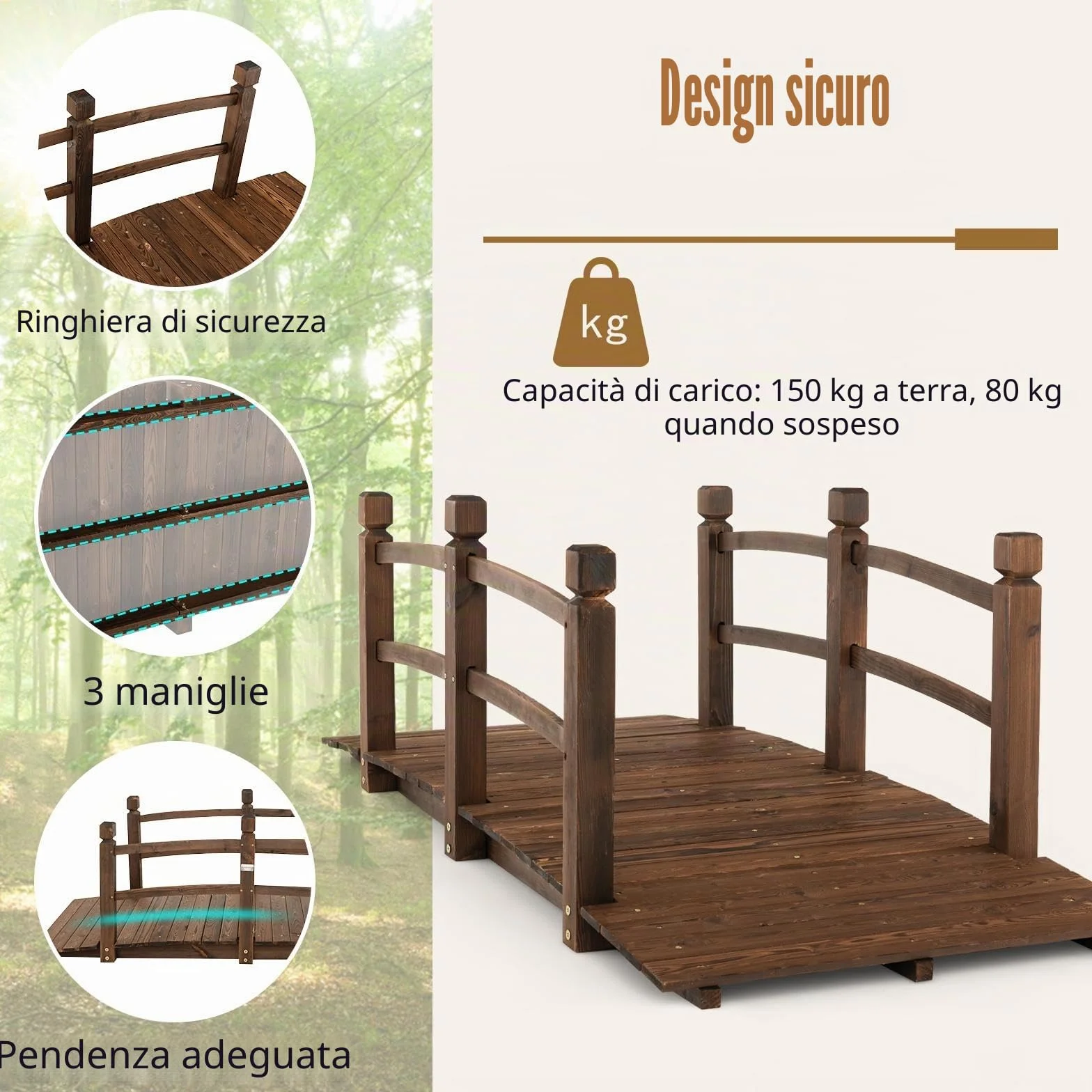 SOARS Ponte da Giardino in Legno di Abete Carbonizzato con Ringhiere, Ponticello Grande Calpestabile per Giardino e Stagno Portata 150 kg, 172 × 76 × 58 cm, Marrone